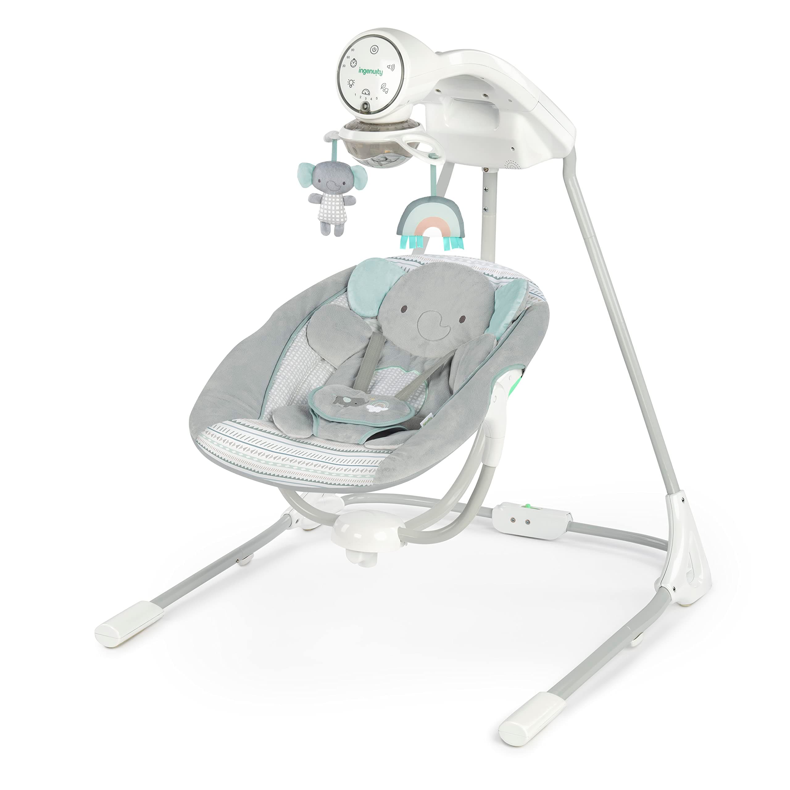 Ingenuity InLighten 5-Speed Baby Swing - Swivel Infant Seat, 5 Point Safety Harness, Nature Sounds, Lights - Van Elephant Van The Elephant