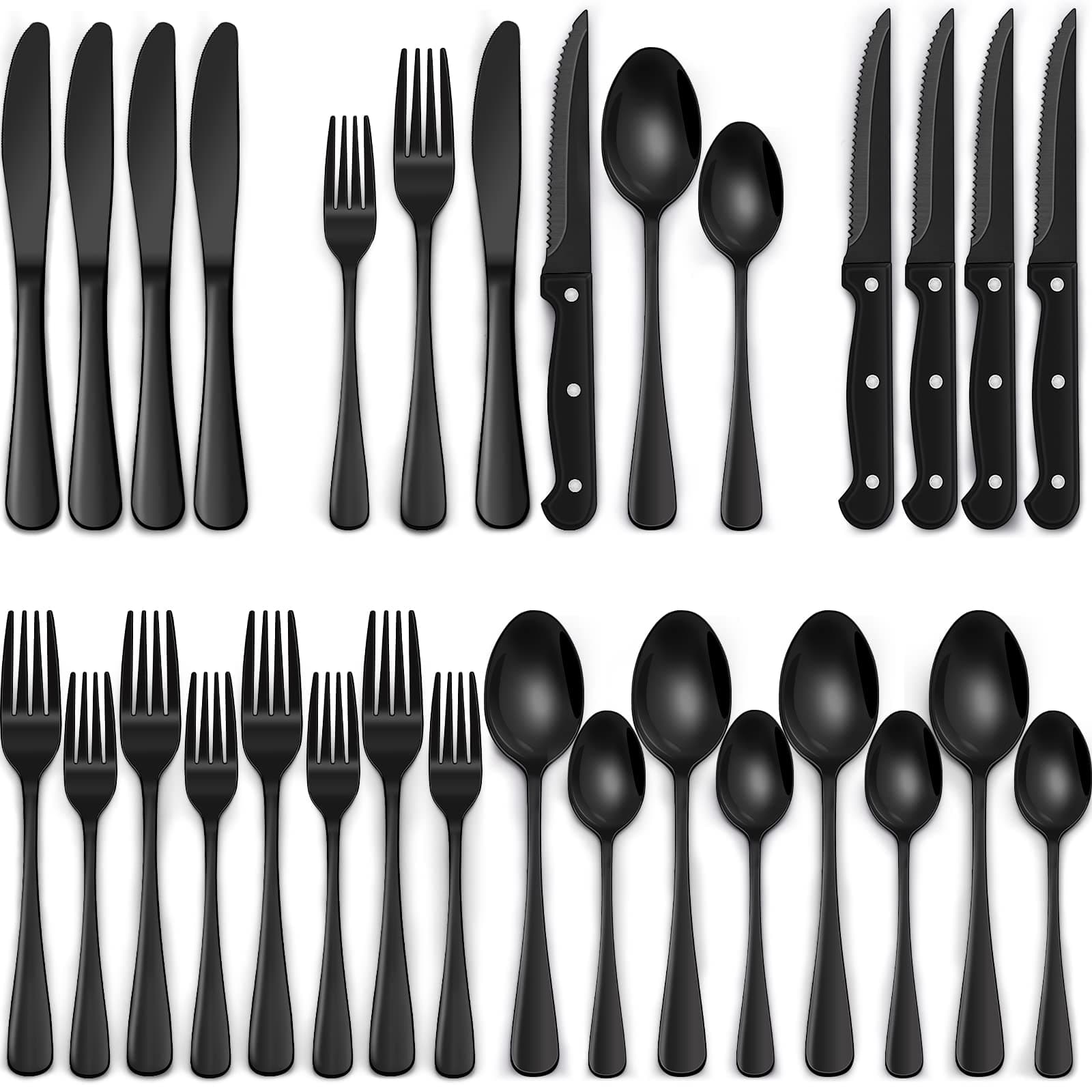 EWFEN 24-Piece Silverware Set with Steak Knives, Food-Grade Stainless Steel Tableware Cutlery Set for 4, Mirror Finished Flatware Utensil for Home Restaurant Black Round Edge