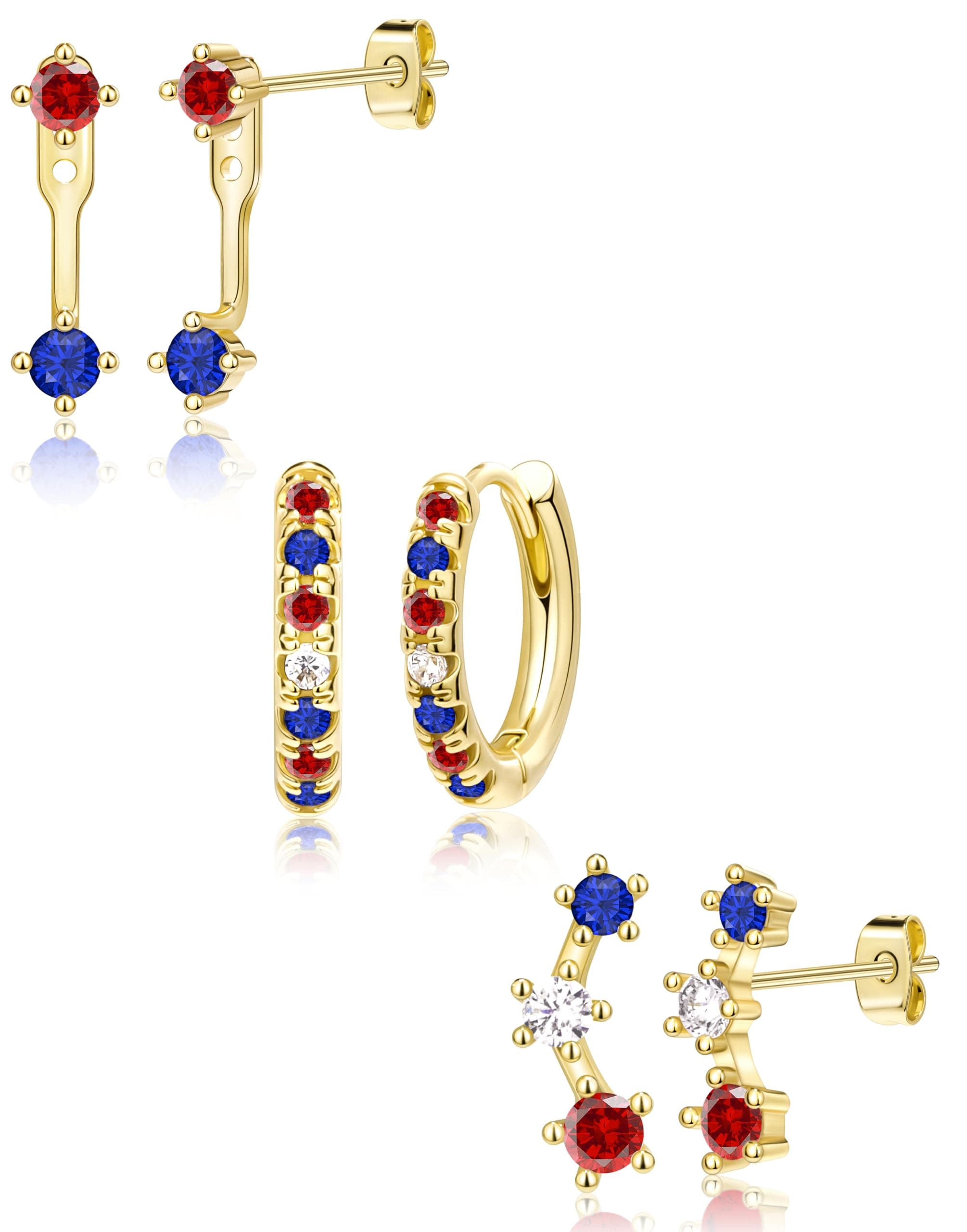 Gold Plated Stud Huggie Earrings Stack for Women Trendy, 3 Pairs Small Cute Hoop Jacket Cartilage Earring Set, Fashion Accessories Holiday Western Jewelry Christmas Gifts Gold-Tone 4th of July earrings(Gold Red White Blue)