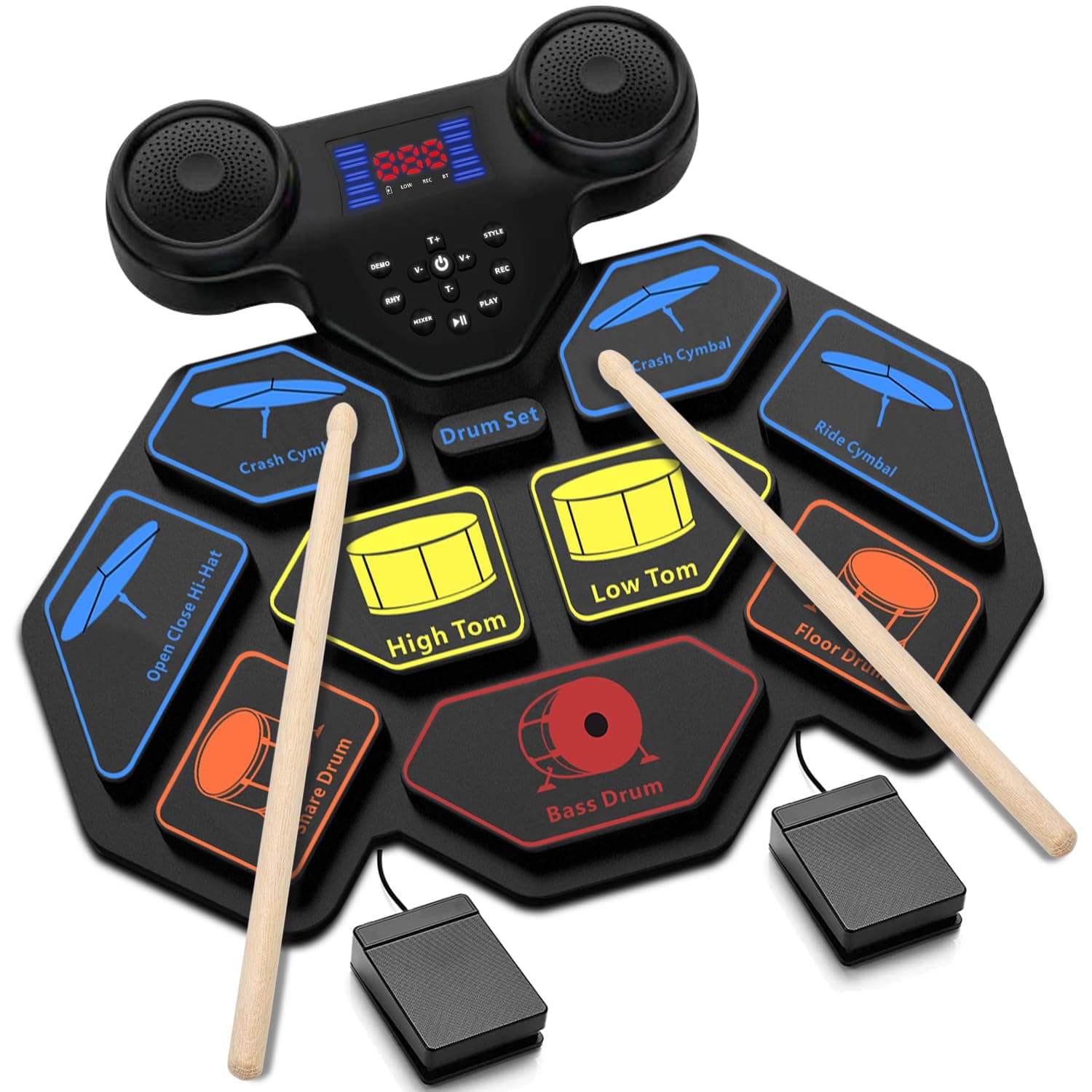 Electronic Drum Set - YUOIOYU Electric Drum Set Roll Up Portable Drum Kit MIDI Practice Drum Pad with Dual Built-in Speaker, Drum Sticks and Pedals, Christmas Birthday Gift for Kids Adult Colorful