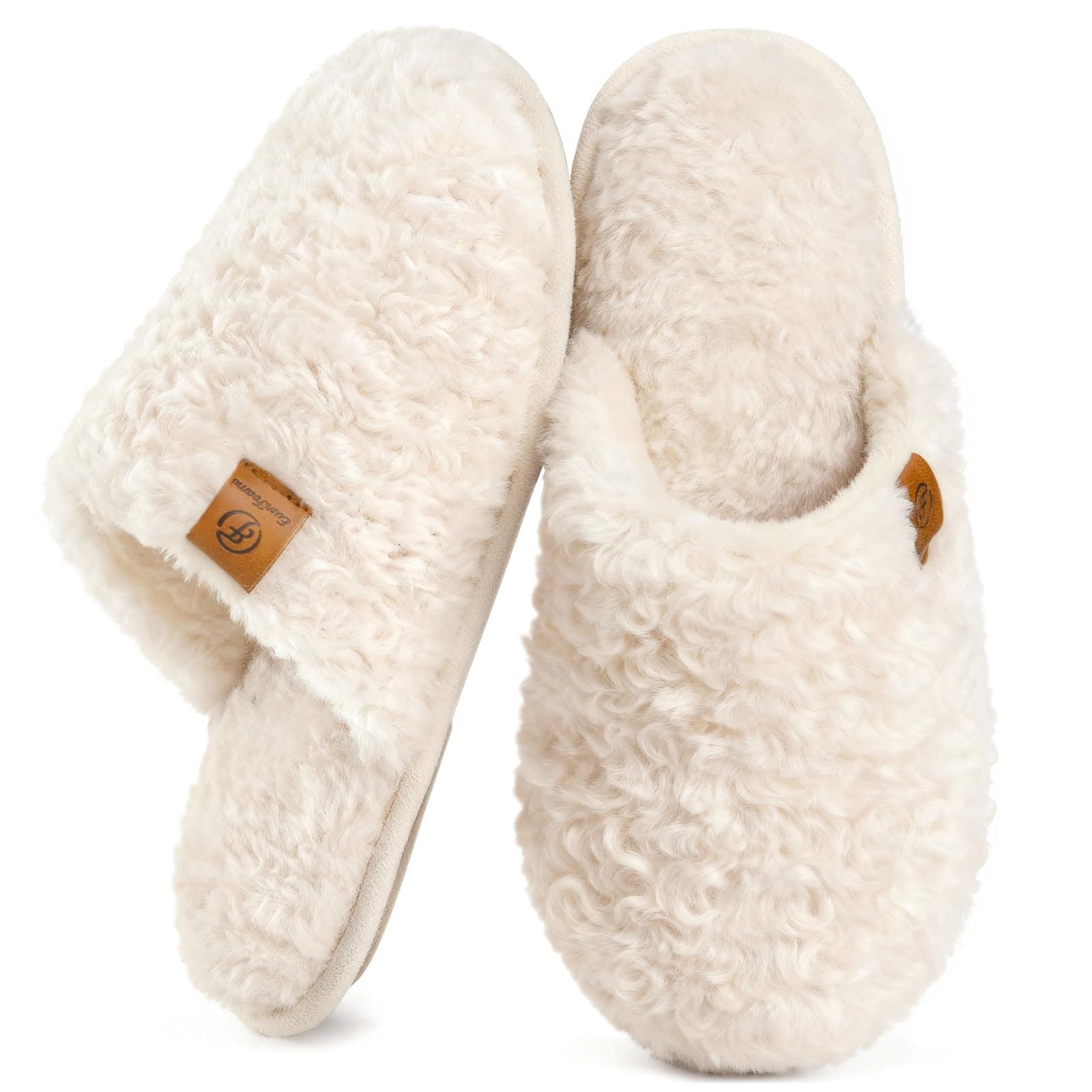 EverFoams Women's Fuzzy Slip-on Slippers Warm Cozy Soft Lightweight Memory Foam Indoor House Shoes 7-8 Cream White