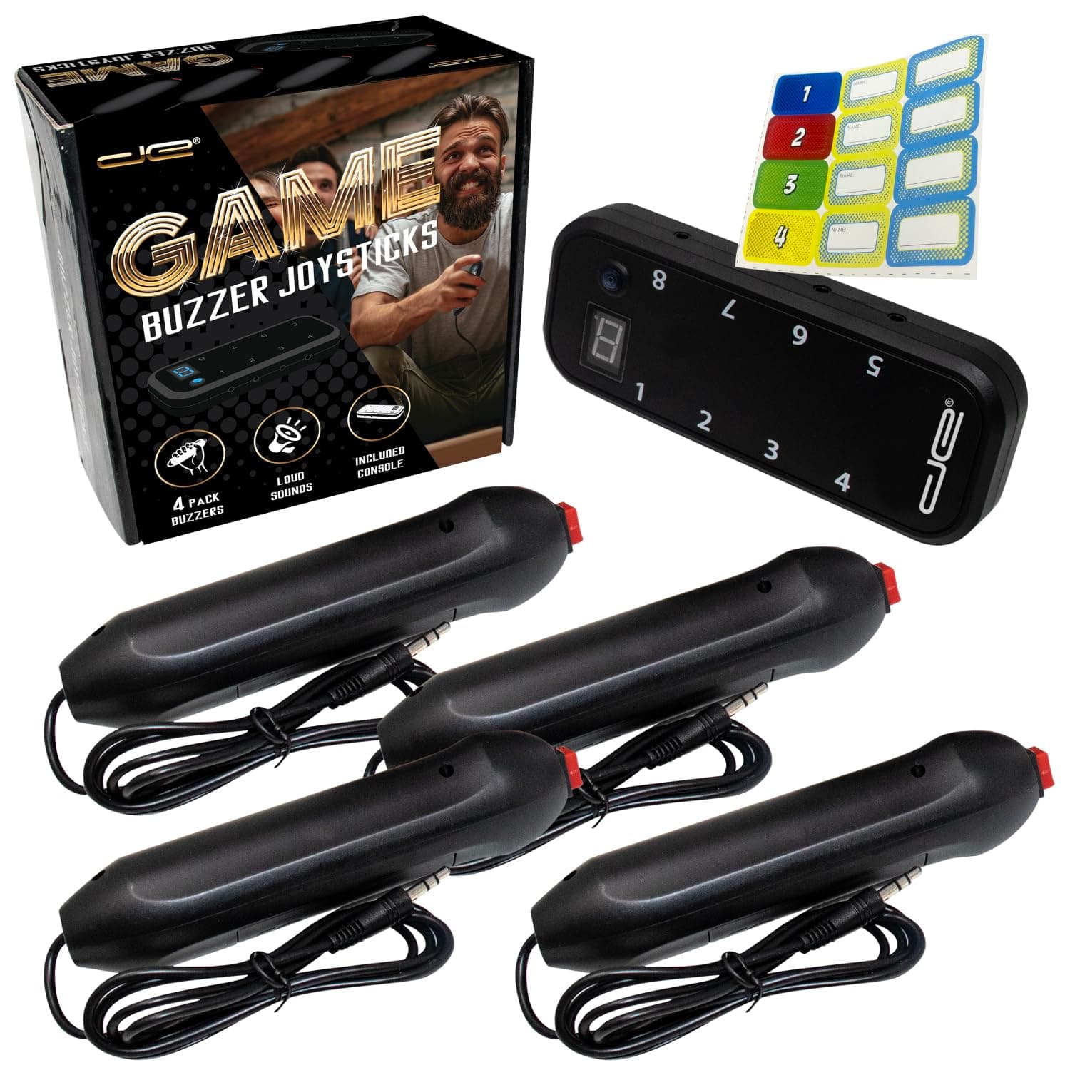 Digital Energy Handheld Game System - Console Displays First Buzz-in - Great for Jeopardy, Family Feud, Trivia and Buzzer Games - Console with 4 Joystick Buzzers Console + 4 Buzzers