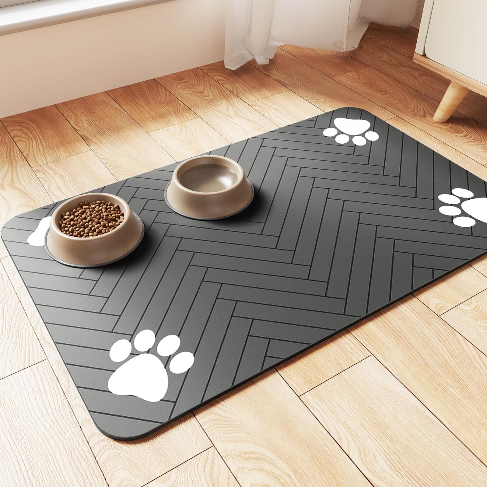 Pet Feeding Mat-Absorbent Pet Placemat for Food and Water Bowl, with Waterproof Rubber Backing, Quick Dry Water Dispenser Mat for Dog and Cat (20"x12", Striped Dark Gray) Dark Gray 20"L x 12"W
