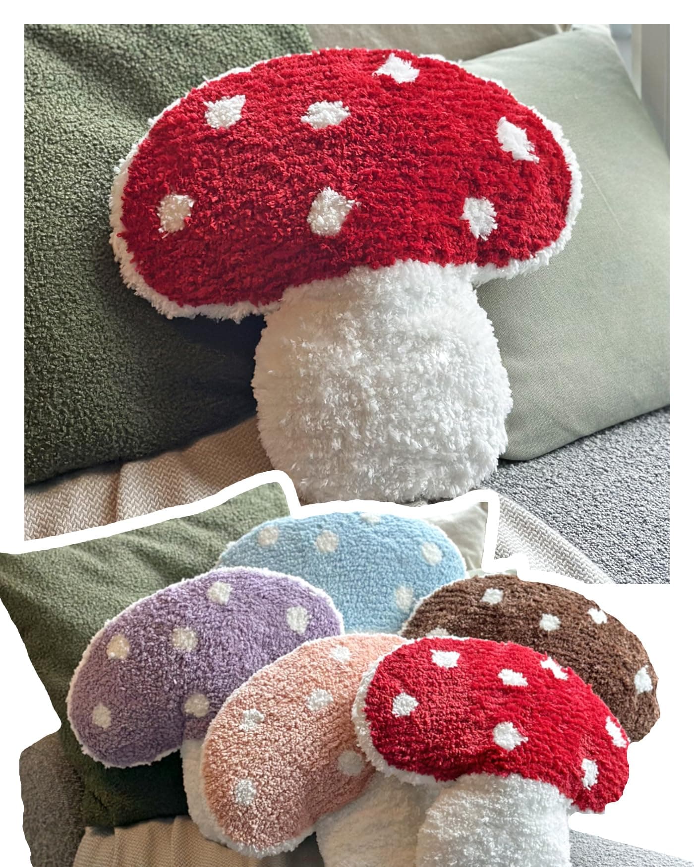 Mushroom Throw Pillow Tufted Shape Decorative Cushion 15” x 15” – Decor for Bed, Couch, Living Room (Red)