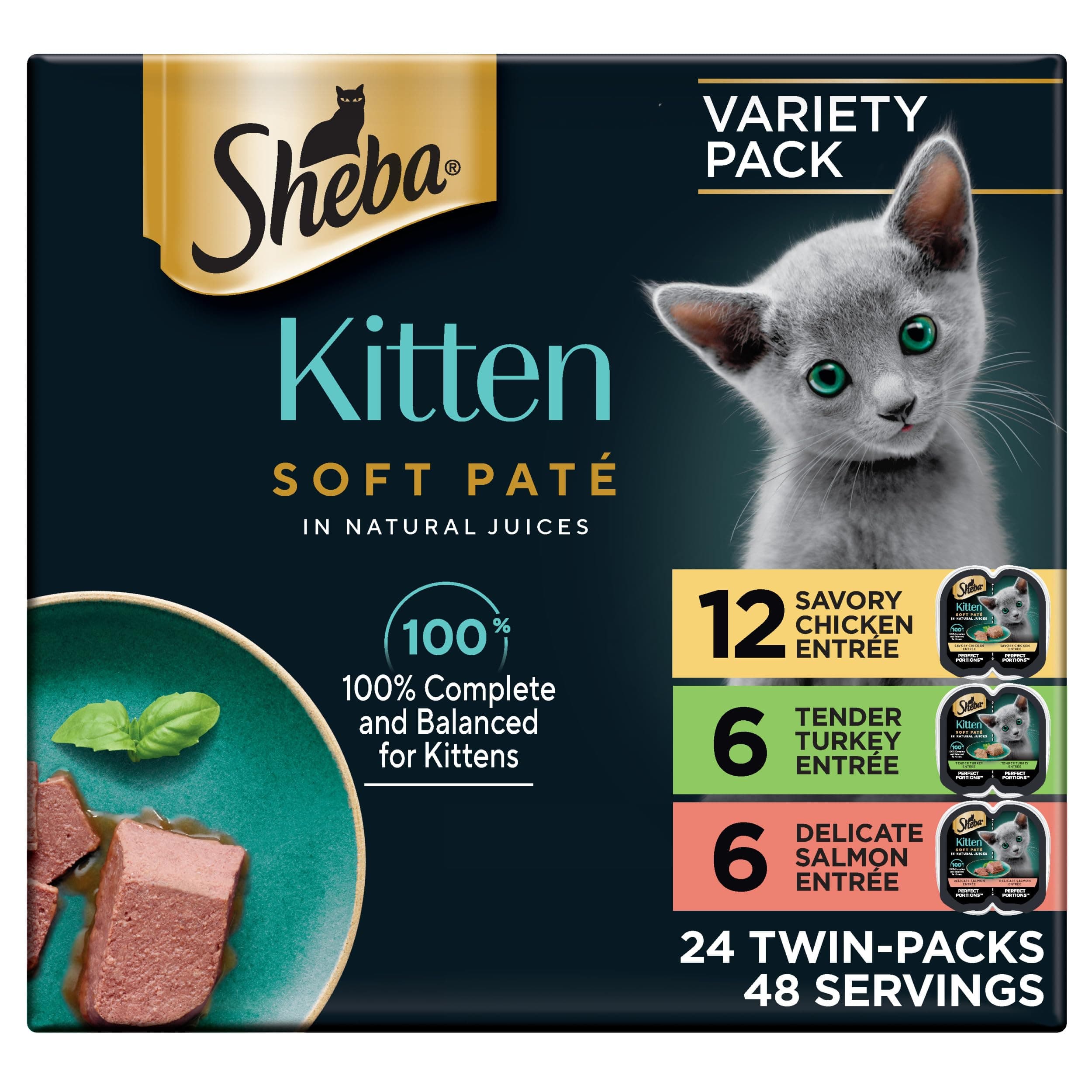 Sheba Perfect Portions Kitten Wet Cat Food Pate Chicken Entree, Salmon Entree, and Turkey Entree, 2.6 oz. Twin-Pack Trays (24 Count, 48 Servings) Chicken, Salmon & Turkey 24 Count (Pack of 1)