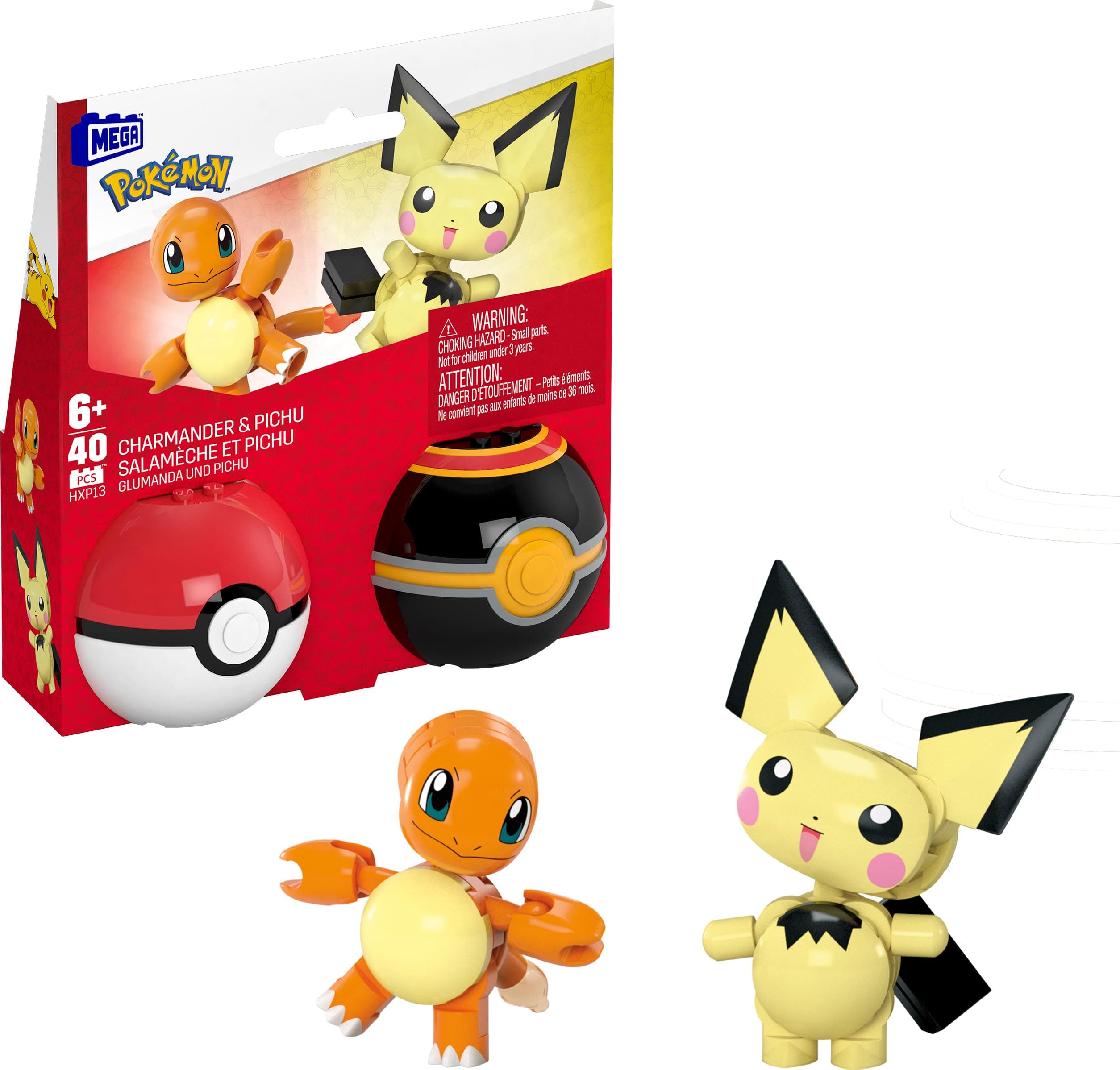 MEGA Pokémon Building Toys Set Pichu & Charmander with 40 Pieces, 2 Poseable Characters and Poké Ball, 2 Inches Tall, for Kids Charmander + Pichu