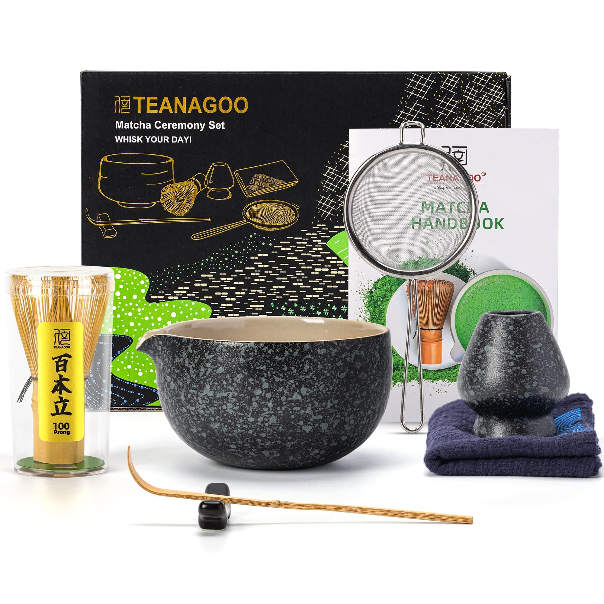 TEANAGOO Matcha Whisk Set Black,7 Pcs Matcha Set,Matcha Kit for Ceremony,Tradition Tea Set for Making Breakfast/Latte,Matcha Whisk Set with Bowl(Chawan)/Whisk and Holder,Gift for Family/Friend Charcoal Black 1 7pcs/set, Bowl with pouring spout