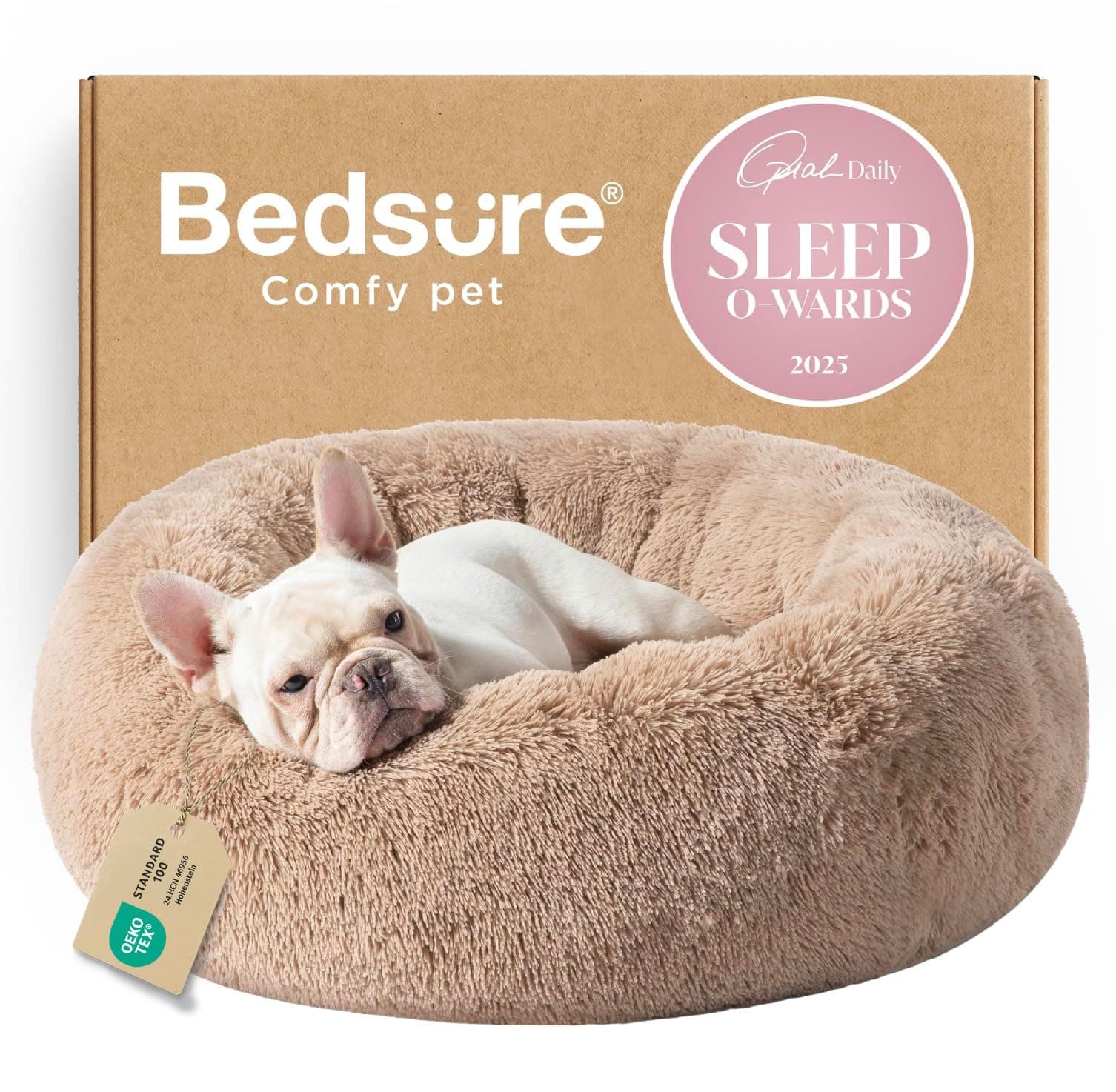 Bedsure Calming Dog Bed Medium Size Dog - Donut Washable Medium Pet Bed, 30 inches Anti-Slip Round Fluffy Plush Faux Fur Cat Bed, Fits up to 45 lbs Pets, Camel 30"L x 30"W x 8"Th Camel