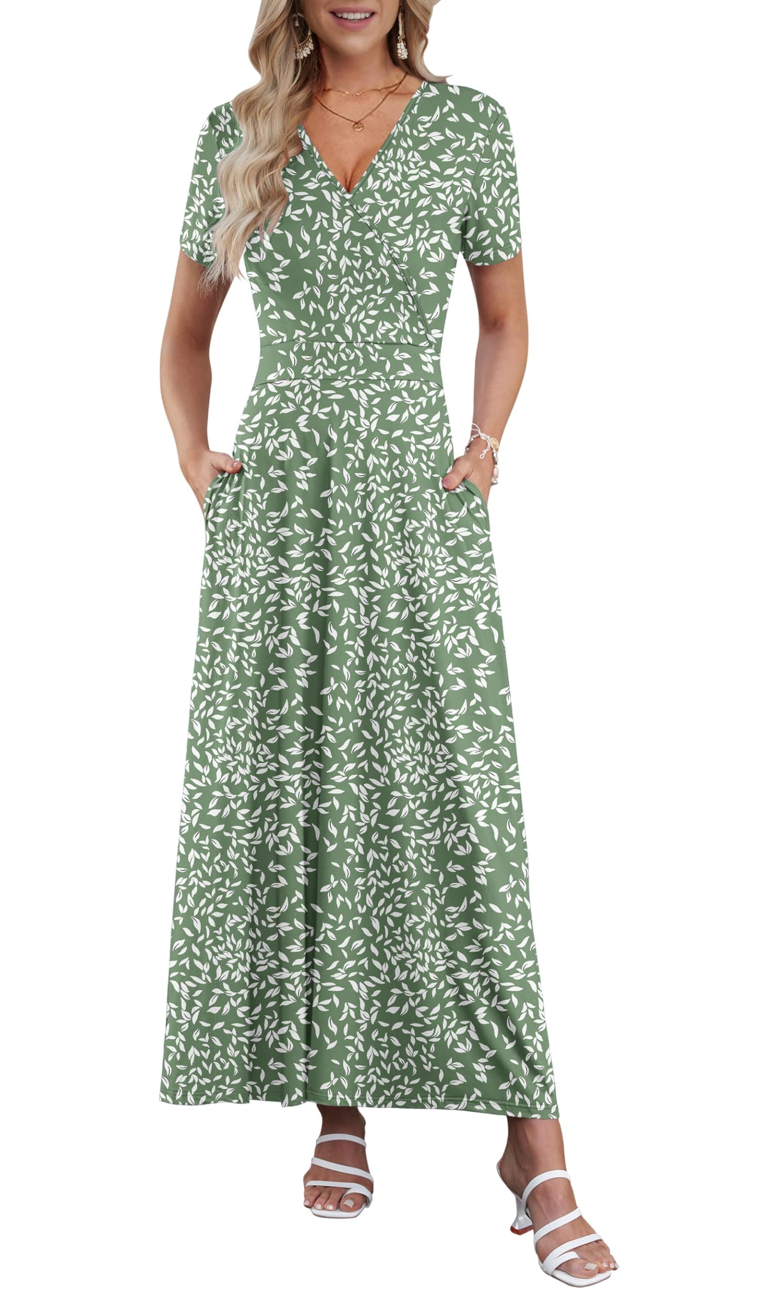 AUSELILY Maxi Dresses for Women Ankle Length Floral Print Beach Long Flowy Dress with Pockets Small Olive-green Leaf