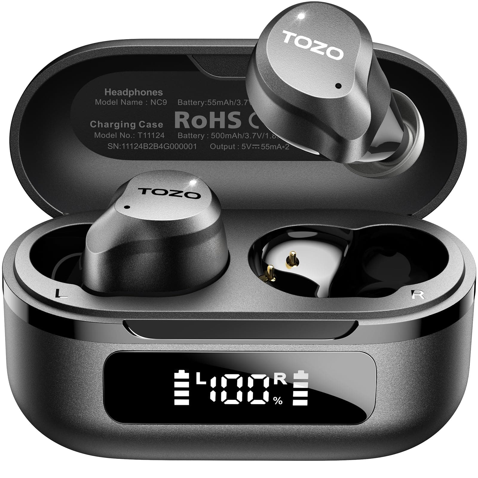 TOZO NC9 Hybrid Active Noise Cancelling Wireless Earbuds, 6 Mics ENC Clear Call, IPX8 Waterproof, in Ear Bluetooth 5.3 Headphones Stereo Bass Ear Buds 60H Playtime with LED Display 32 EQs via APP Dark Black Small Hybrid Active Noise Cancelling Wireless Earbuds