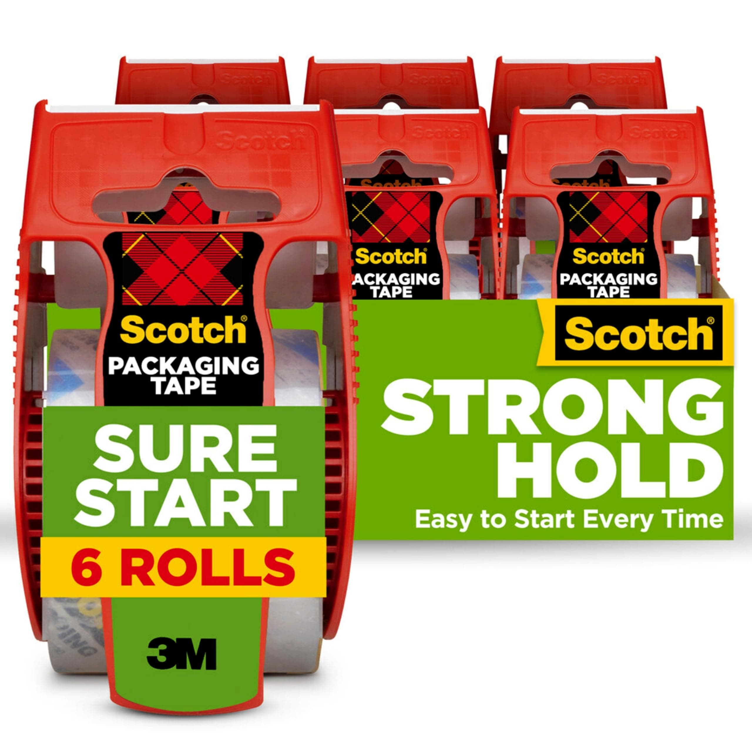 Scotch Sure Start Packing Tape, Clear, Quiet Unwind and Easy Start, 1.88 in. x 22.2 yd., 6 Tape Rolls with Dispensers 6 Rolls