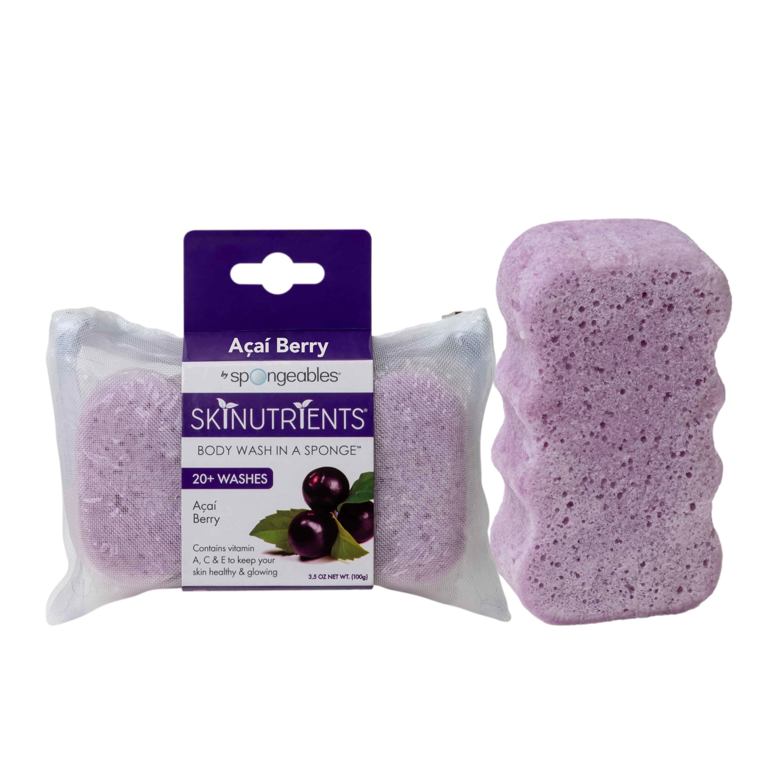 Spongeables Body Wash in a 20+ Wash Sponge, Acai Berry, 1 Count Acai Berry 1 Count (Pack of 1)