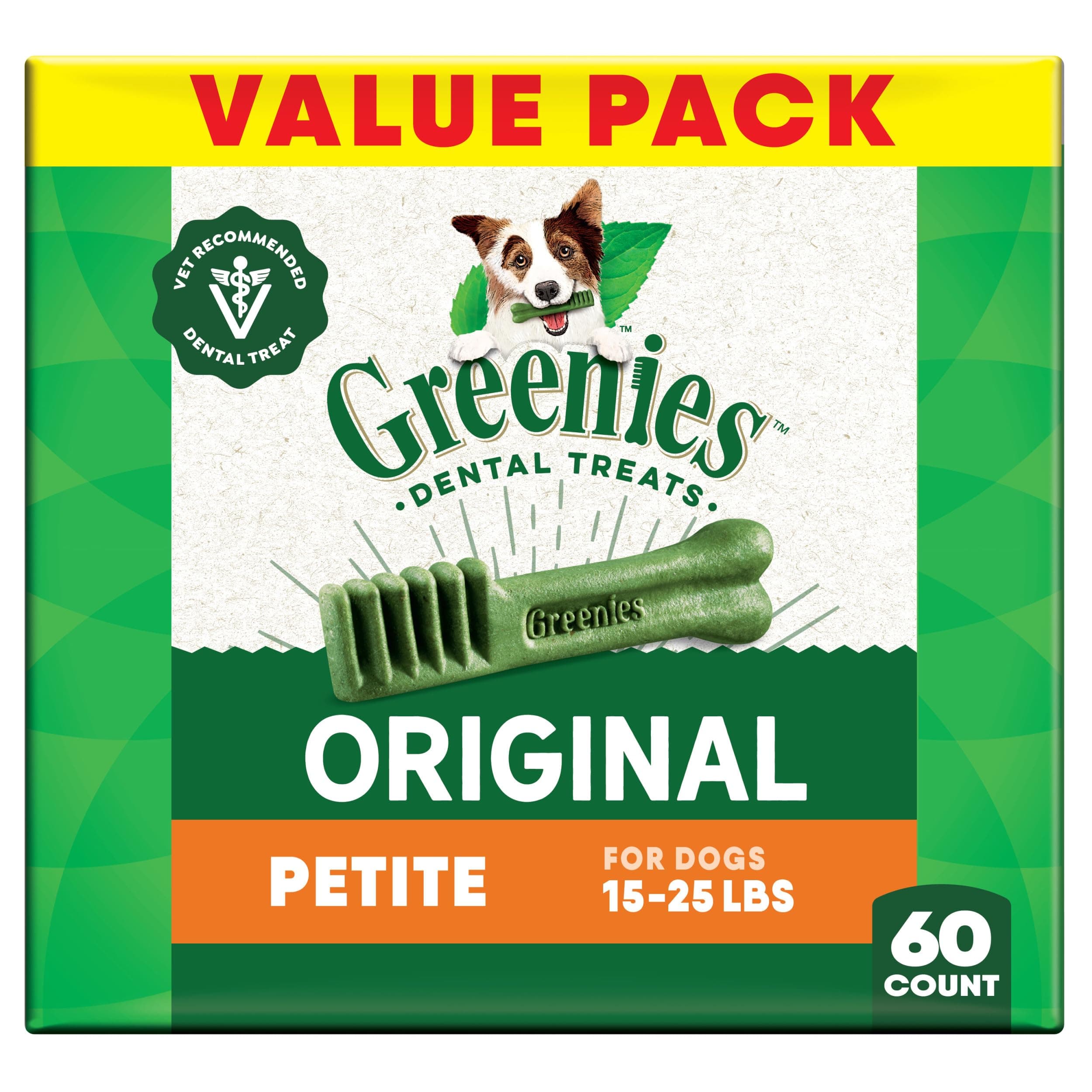Greenies Veterinarian-Recommended Adult Natural Dental Dog Treats Petite Size, Dog Dental Chews, Original Flavor, 36 oz. Pack, 60 Count Original 60 Count (Pack of 1)