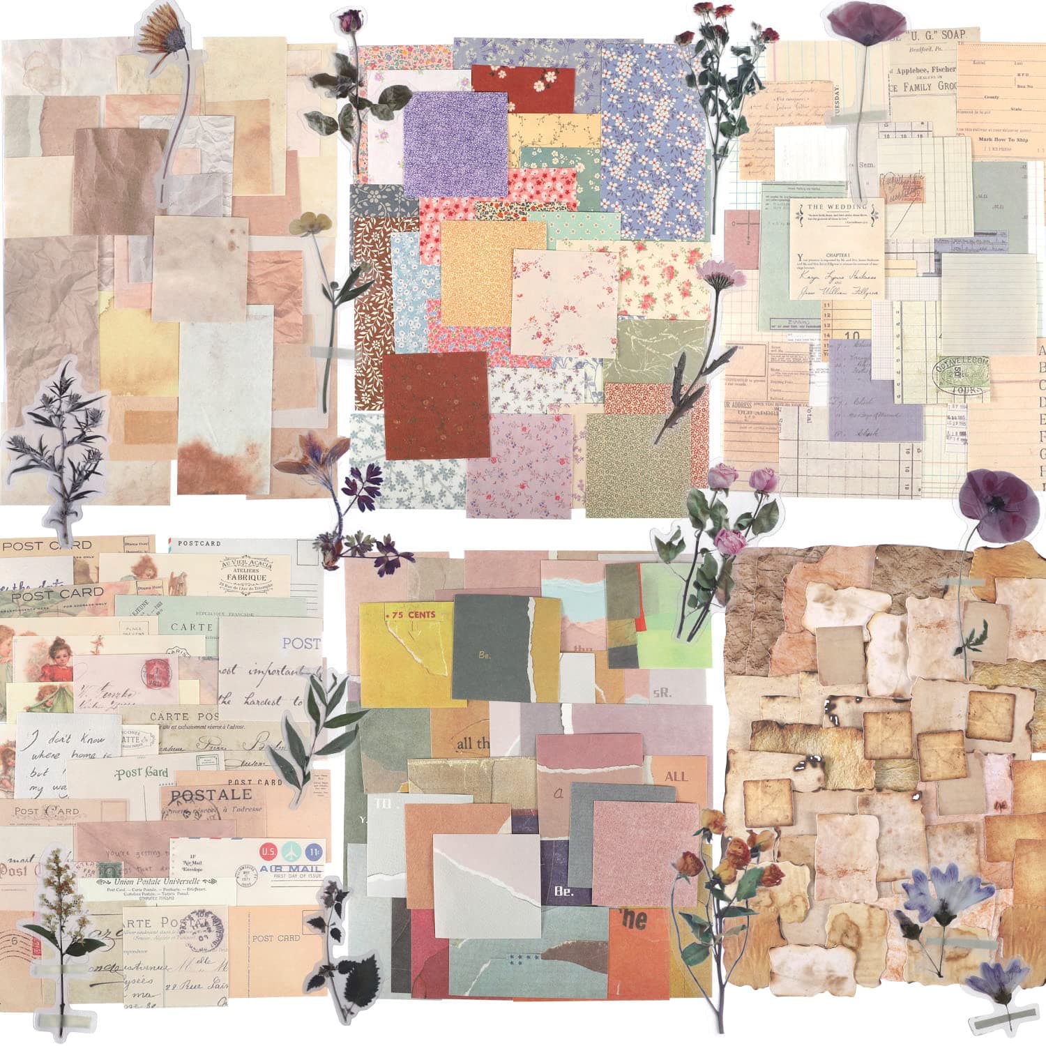 445 PCS Vintage Scrapbook Paper Journaling Scrapbooking Supplies Kit Aesthetic Decorative Craft Paper include 40 Sheet Flowers Stickers for Planner, Bullet Journaling, Junk Journal, Retro Crafts Vintage-445PCS