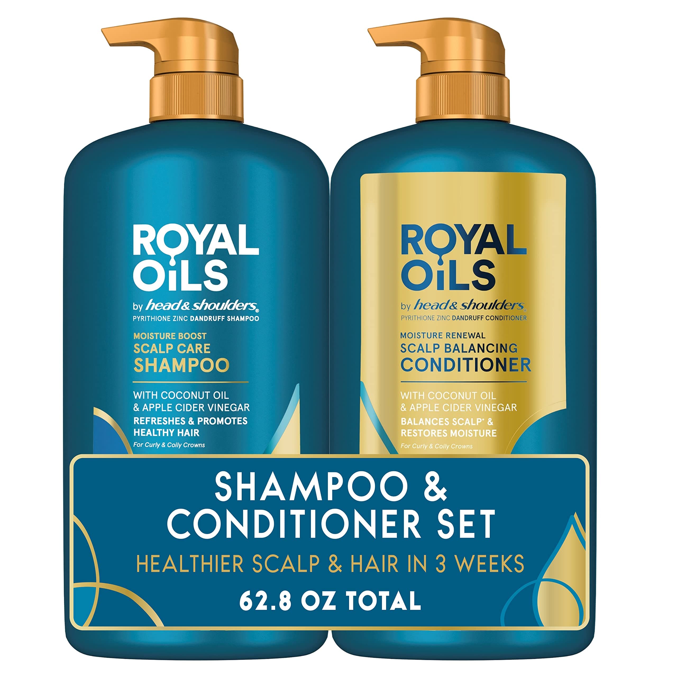 Head & Shoulders Royal Oils Dandruff Shampoo and Conditioner Set, Coconut Oil & Apple Cider Vinegar, Moisture Renewal, Scalp Relief, Curly & Coily Hair, Anti Dandruff, 31.4 Fl Oz Each, 2 Pack Coconut Oil & Apple Cider Vinegar 62.8 Fl Oz (Pack of 1)