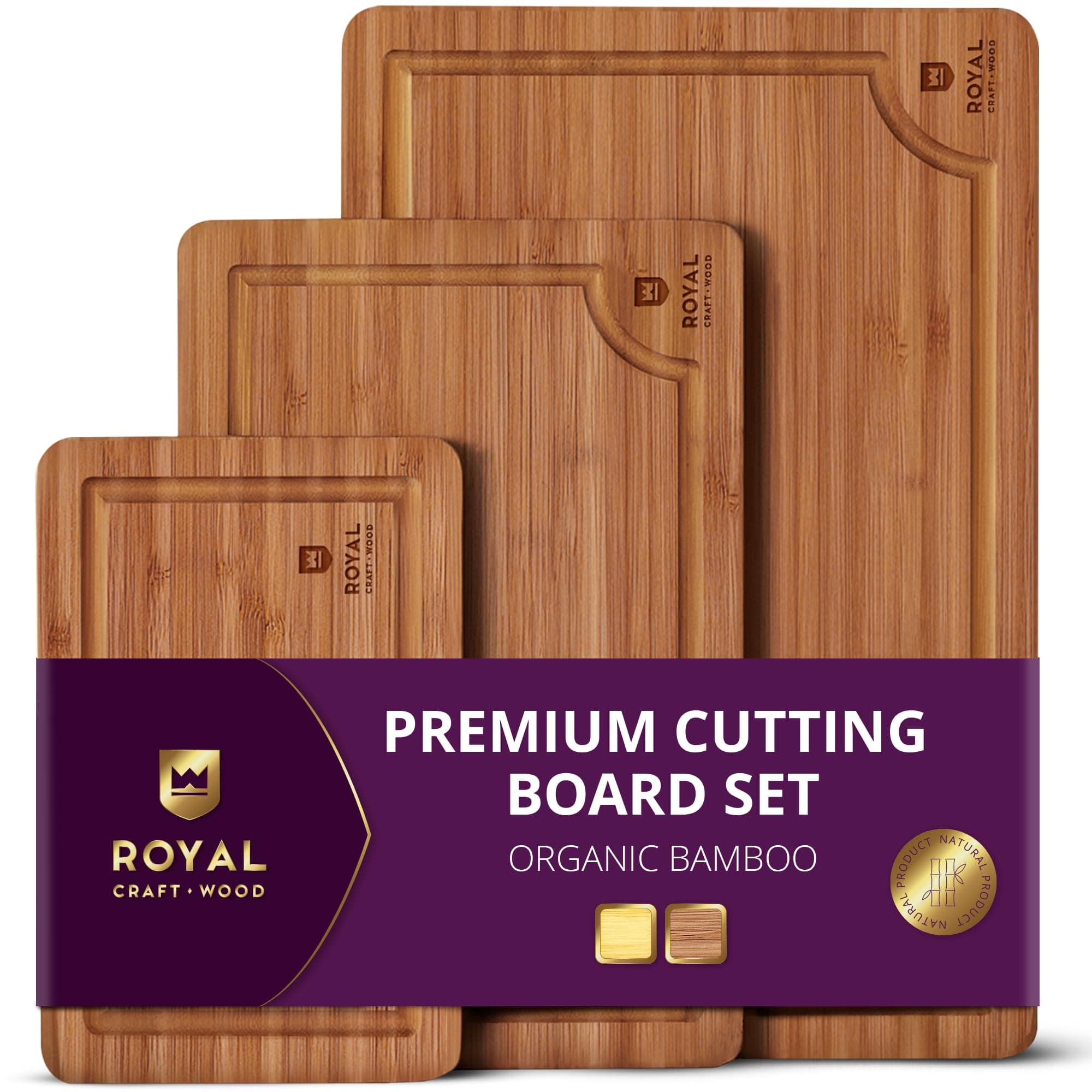 ROYAL CRAFT WOOD Wooden Cutting Boards for Kitchen Meal Prep & Serving - Bamboo Wood Serving Board Set with Deep Juice Groove Side Handles - Charcuterie & Chopping Butcher Block for Meat (3 Pcs) Carbonized Bamboo 3-Piece