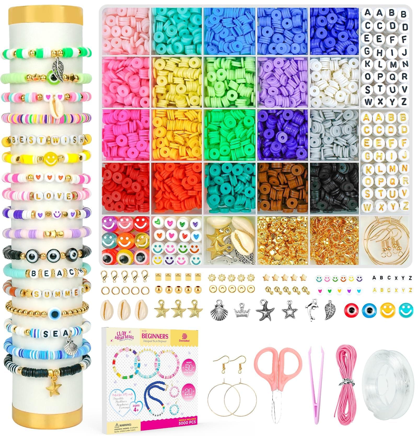 Dowsabel Clay Beads Bracelet Making Kit for Beginner, 5000 Pcs Preppy Polymer Clay Beads with Charms Kit for Jewelry Making, DIY Arts and Crafts Birthday Gifts Toys for Kids Age 6-13 Flat