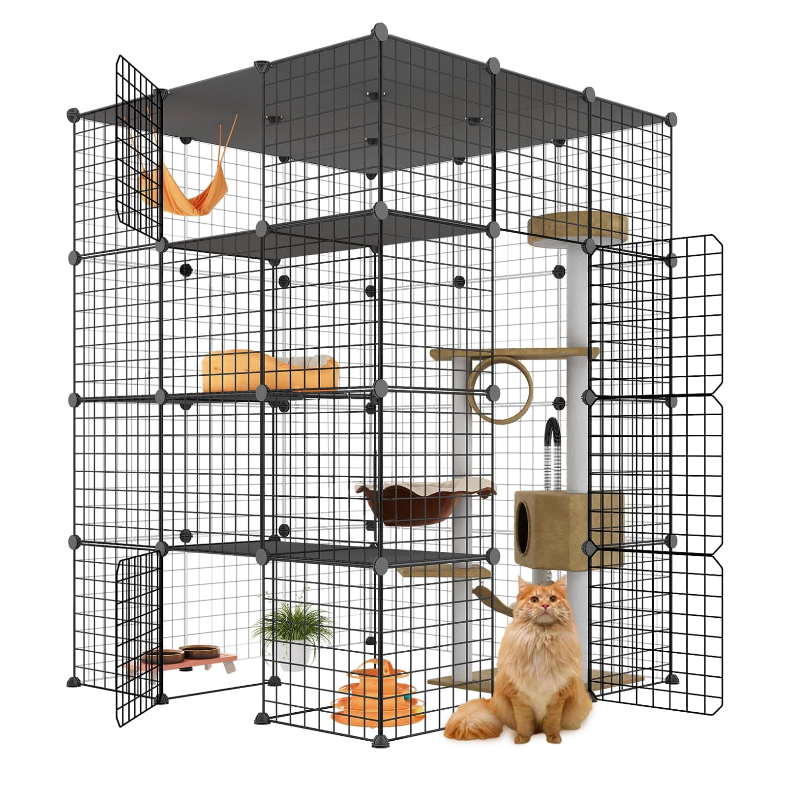 Large Cat Cage, Enclosures Indoor with Balcony, DIY Playpen Detachable Metal Wire Kennels Crate 3x3x4 Large Exercise Place Ideal for 1-3 Cats Black 41.0"L x 41.0"W x 55.0"H