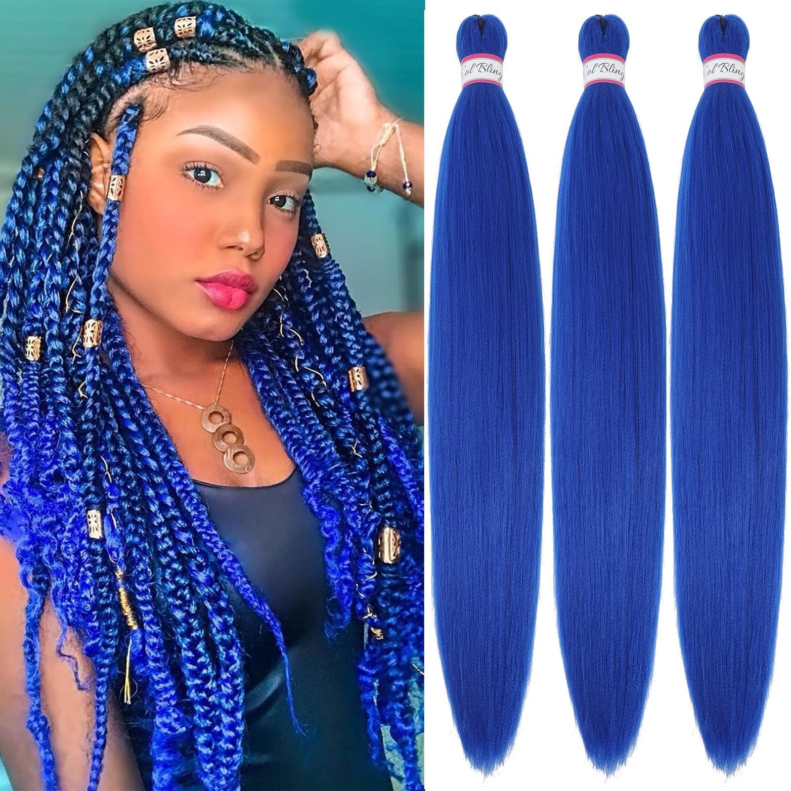 Col Bling Blue Braiding Hair Pre Stretched, 28 Inch Long Braid Hair Extensions for Women, Box Braids Hair Yaki Texture, Professional Synthetic, Softness, Knotless Easy to Install 28 Inch (Pack of 3) Blue