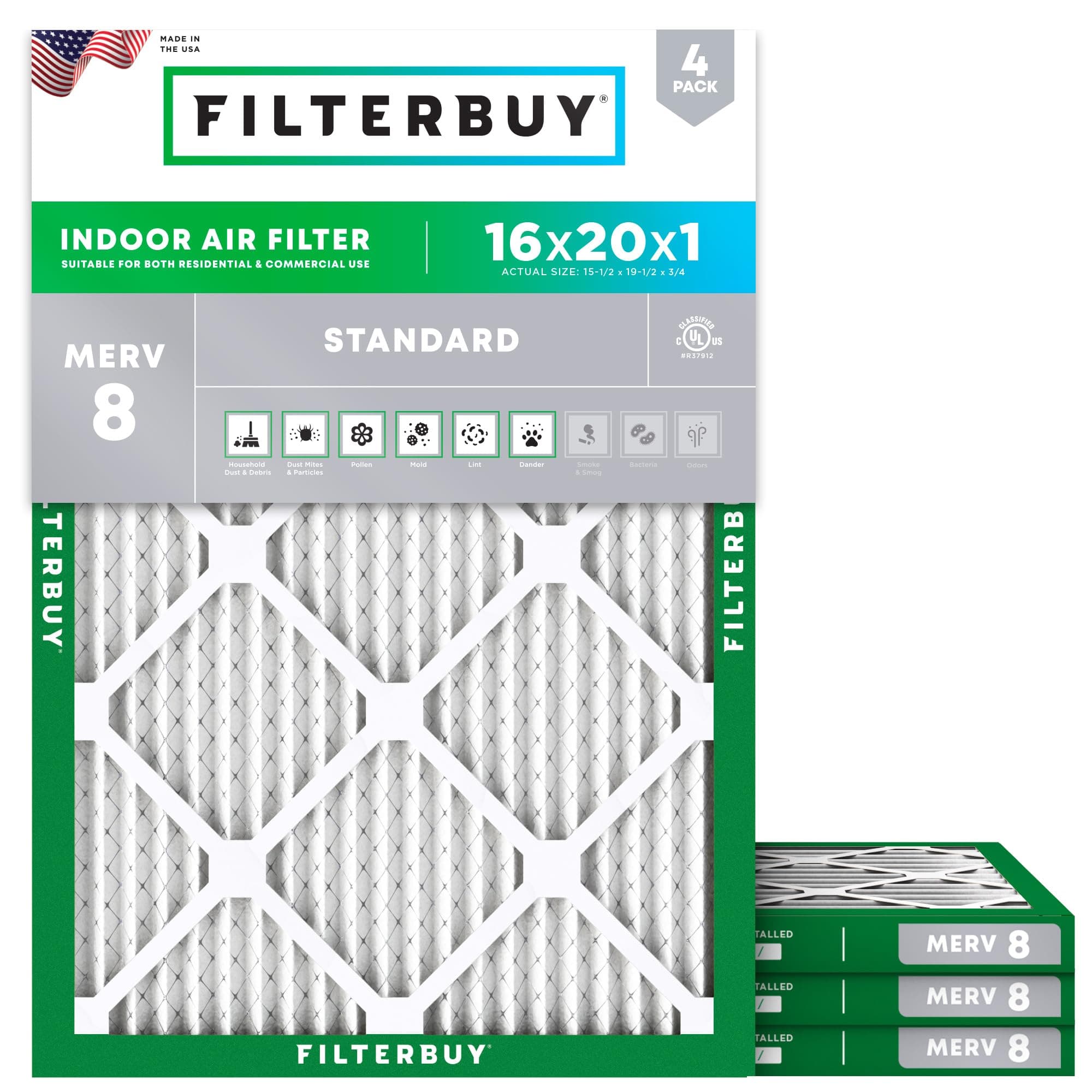 Filterbuy 16x20x1 Air Filter MERV 8 (MPR 700) Dust Defense Replacement (4-Pack), Electrostatic Pleated HVAC AC Furnace Filters, Made in USA (Actual Size: 15.50 x 19.50 x 0.75)