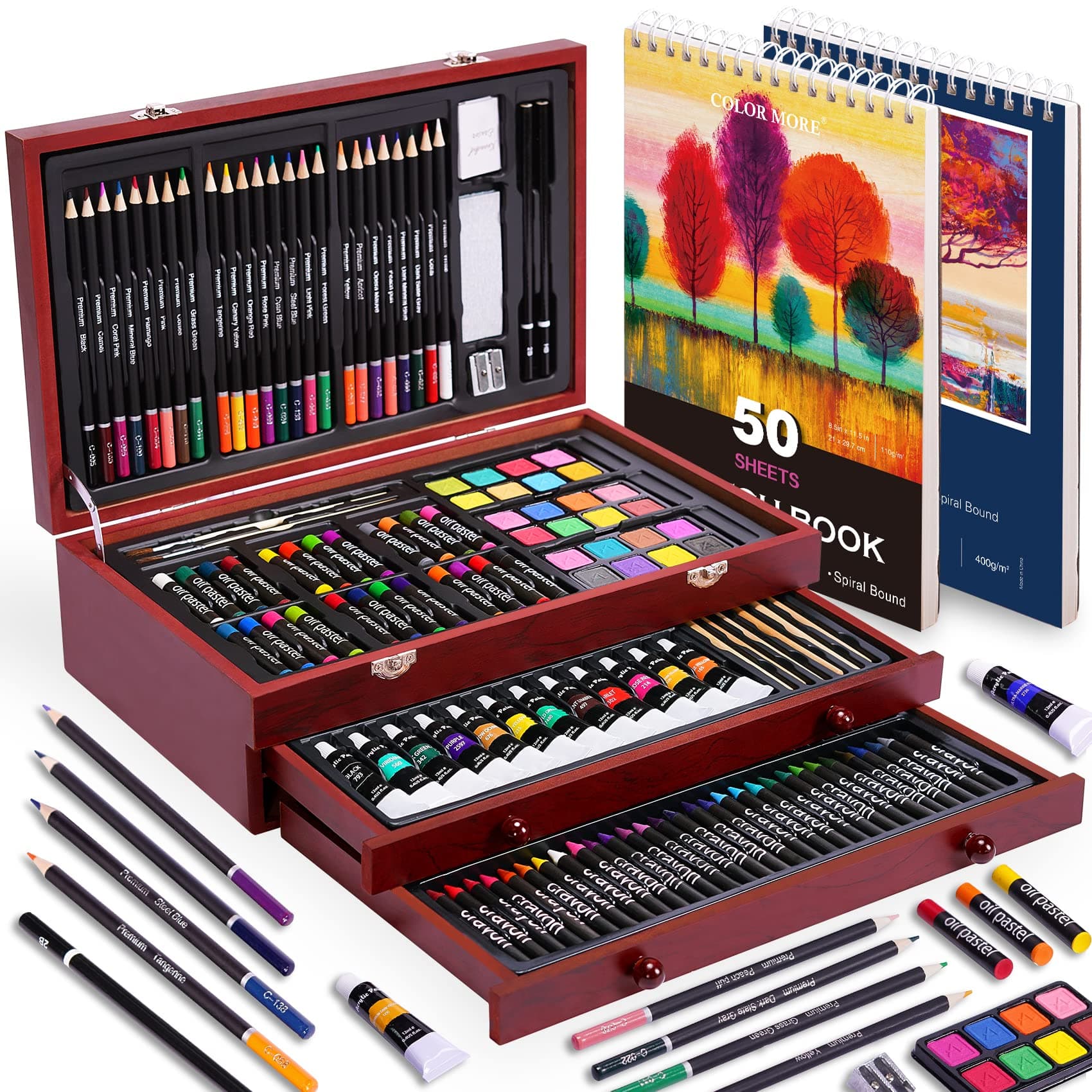 Color More 175 Piece Deluxe Art Set with 2 Drawing Pads, Acrylic Paints, Crayons, Colored Pencils, Paint Set in Wooden Case, Professional Art Kit, Art Supplies for Adults, Teens and Artist, WoodMuse Plus Cherry