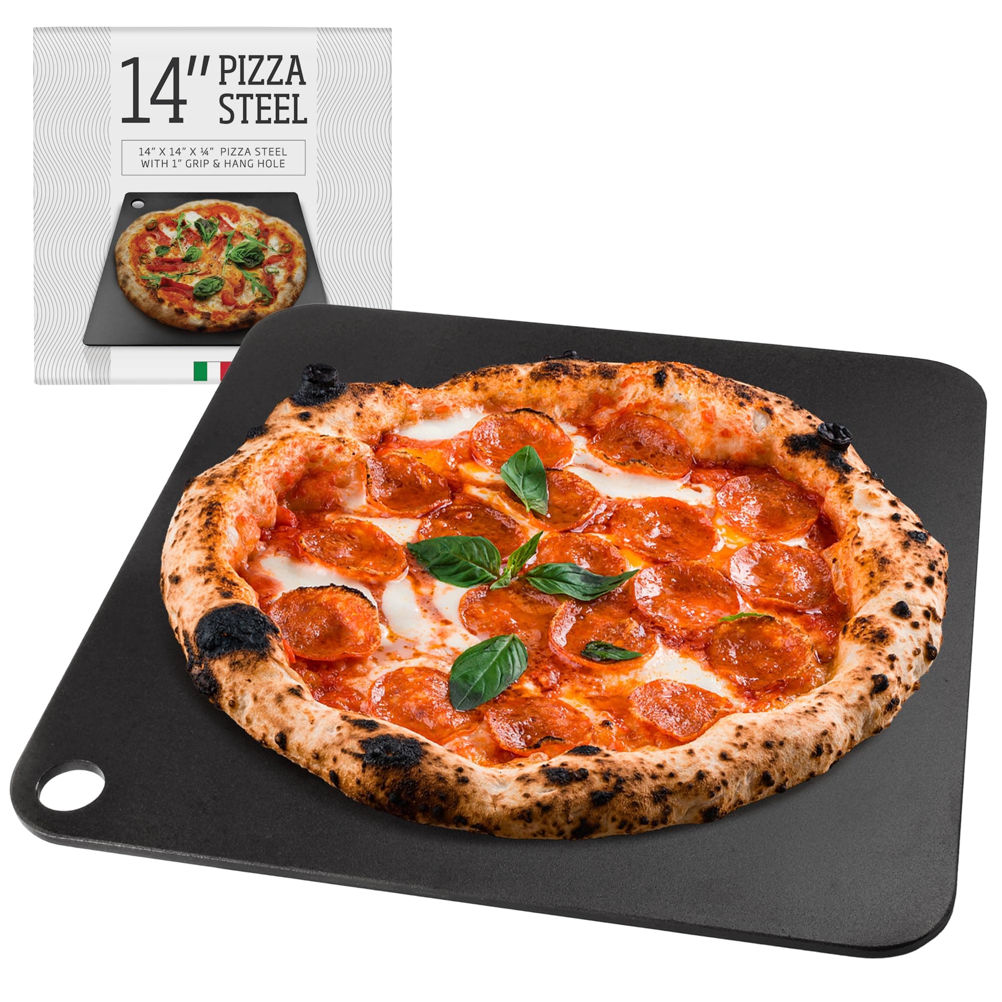 IMPRESA Pizza Steel for Oven - 14 x 14 x 0.25 in Black Carbon Steel - Fast Heat Retention for Crispy Crust - Nonstick Surface with Pizza Stone & Pan Performance