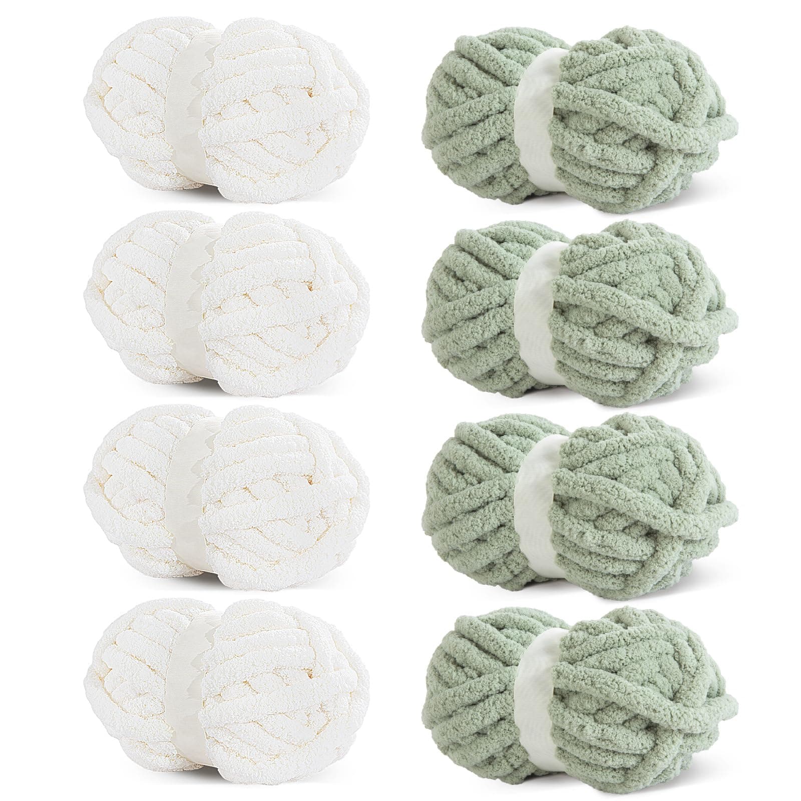 HOMBYS 8 Pack Assorted Chunky Yarn for Crocheting,Super Bulky Large Soft Fluffy Yarn,Plush Fuzzy Yarn,Thick Chenille Yarn for Hand Knitting/Arm Knitting,4 White & 4 Sage Green(27yds,8 oz Each Skein) 4 White+4 Sage Green 8 Pack