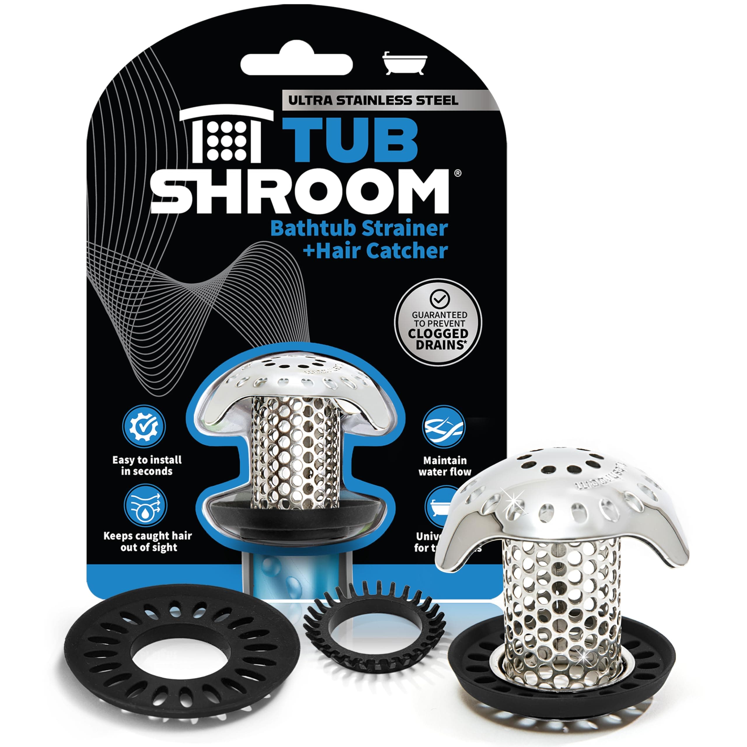 TubShroom Ultra Revolutionary Bath Tub Drain Protector Hair Catcher/Strainer/Snare Stainless Steel, Single Pack Stainless Single