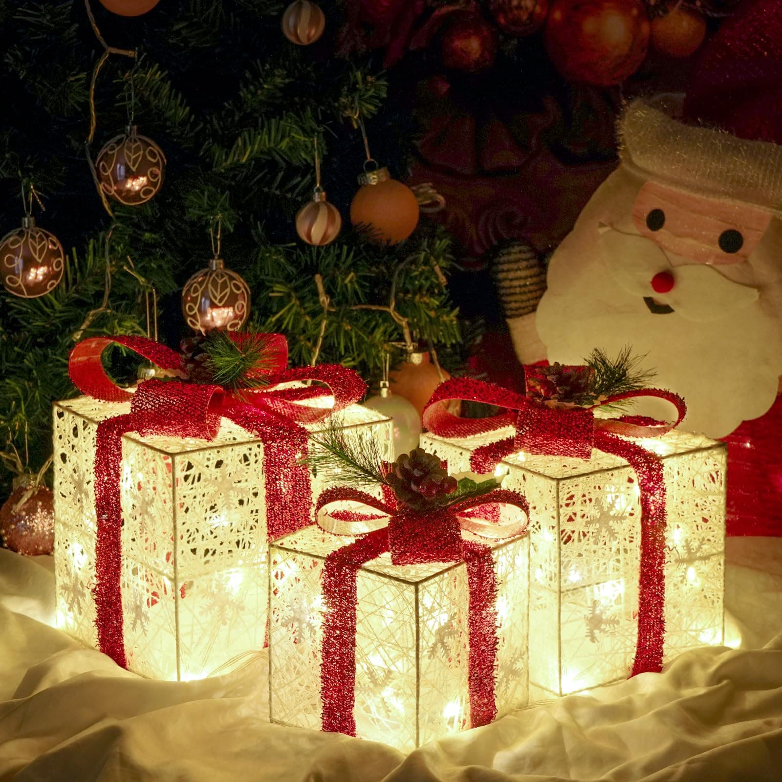 Christmas Decorations, Set of 3 Christmas Lighted Gift Boxes, Battery Operated Xmas Present Boxes, Warm White LED with Bows for Indoor Christmas Tree, Yard, Home Decor 1.red bow