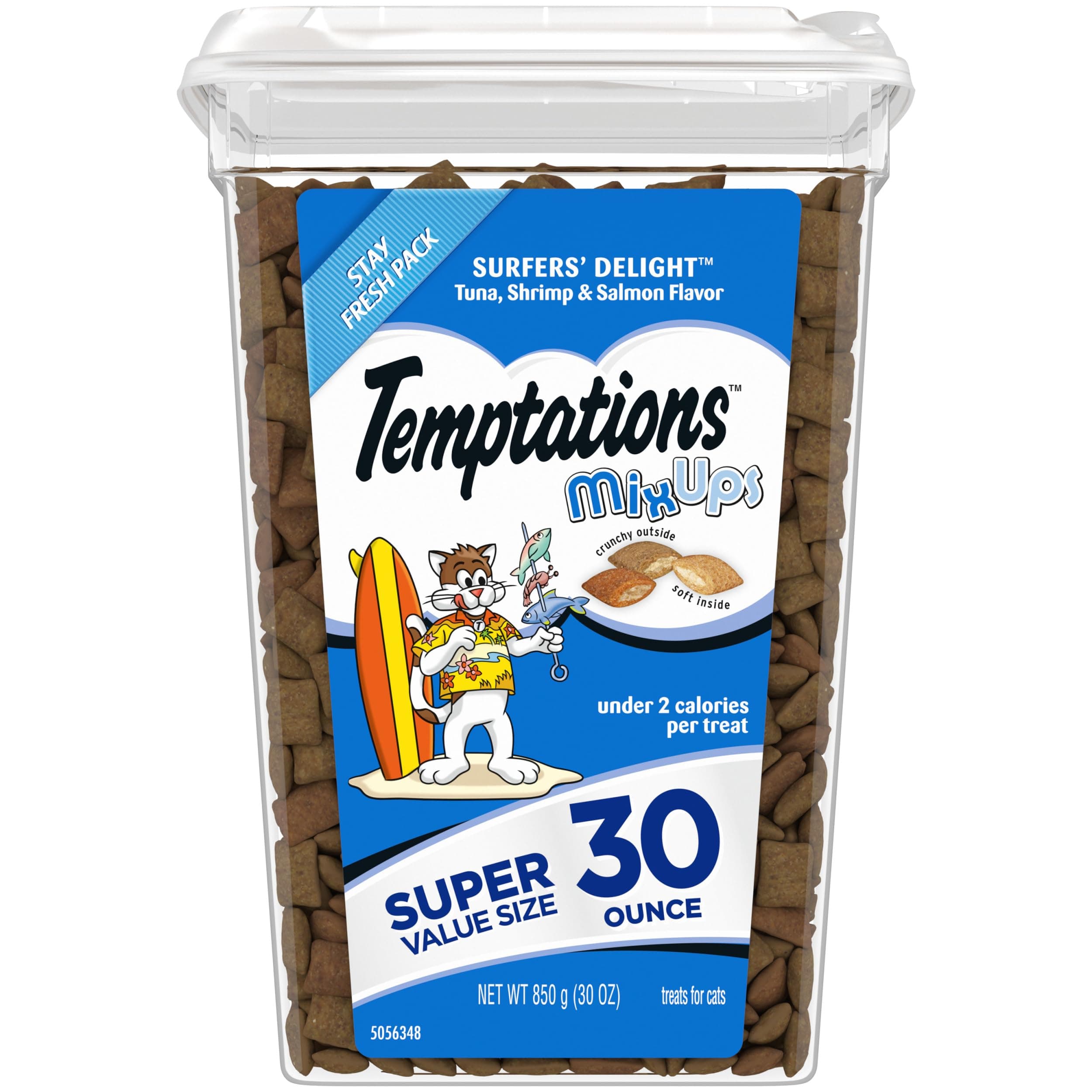 Temptations Cat Treats MixUps Surfer's Delight, Tuna, Shrimp, Salmon Flavor, Crunchy and Soft Cat Treats, 30 oz. Tub Tuna, Shrimp, Salmon 1.88 Pound (Pack of 1)