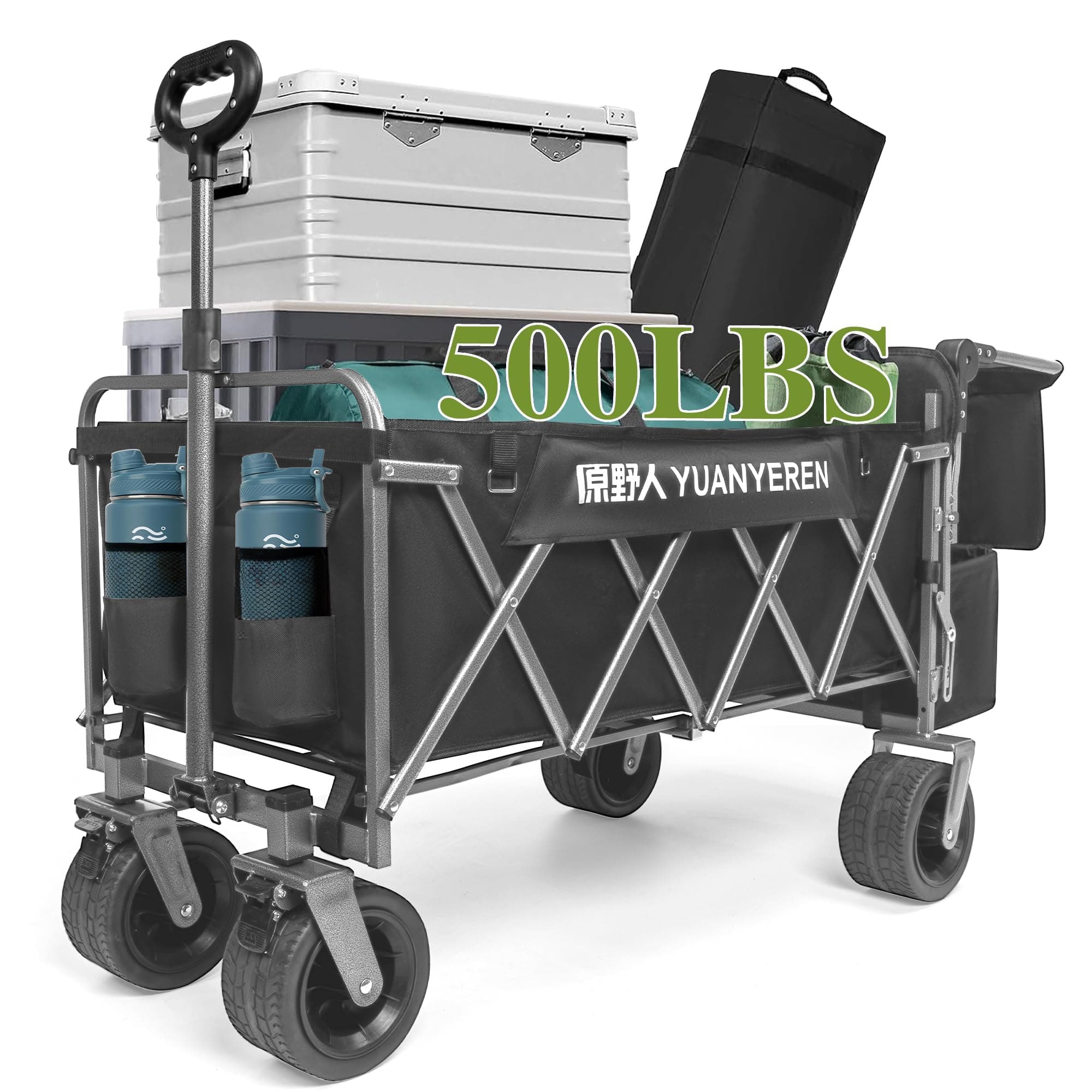 Large Capacity Collapsible Wagon with Opened Tailgate, 500lbs Pulled and Pushed Heavy Duty Folding Wagon Carts, 59" Extra Long Extender Wagons, All-Terrain Big Wheels for Shopping, Sports, Camping Black