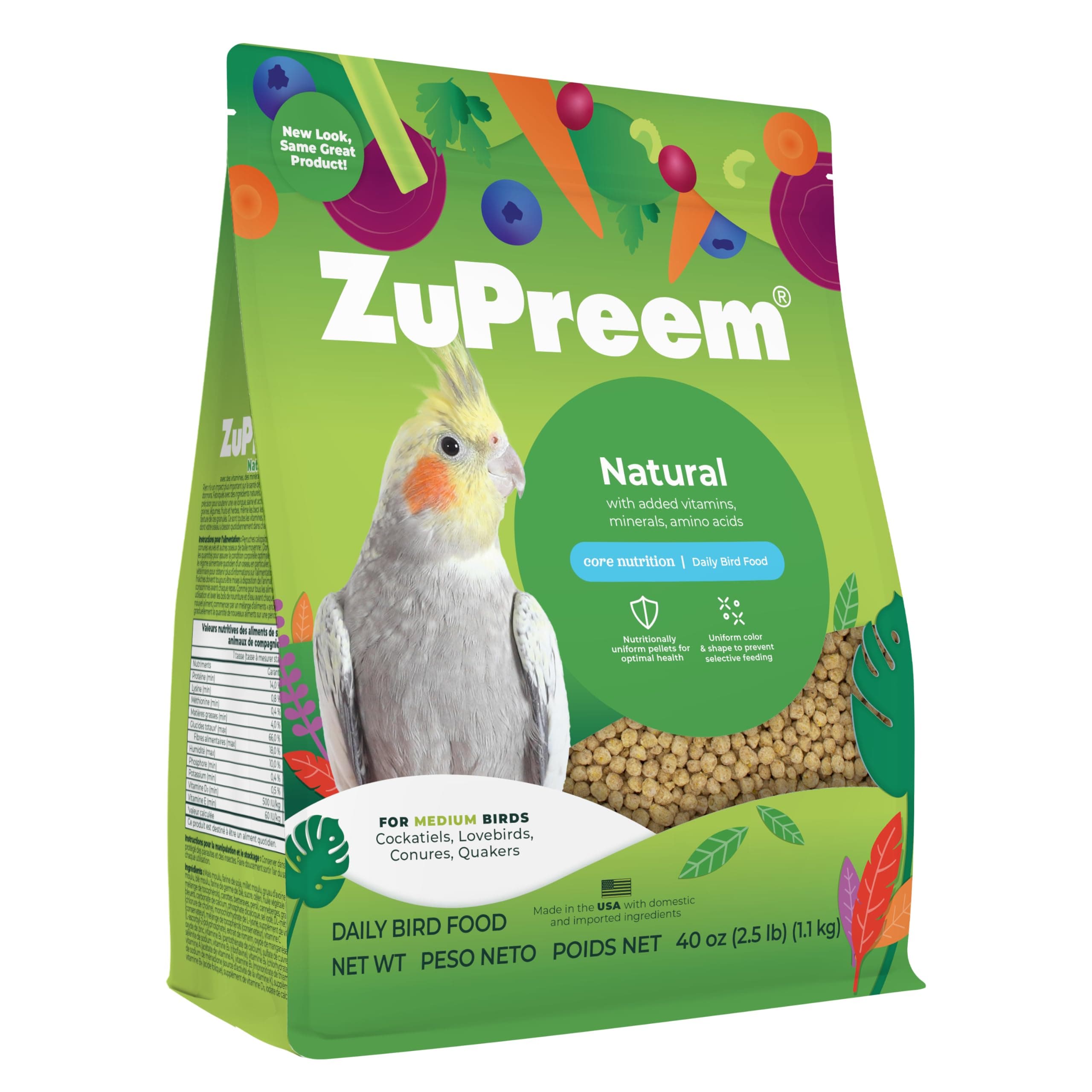 ZuPreem Natural Bird Pellets, Daily Bird Food for Cockatiel, Lovebird, Quaker, Small Conure, Lorikeet, Core Nutrition for Medium Birds, Added Vitamins, Cockatiel Pellets (M, 2.5 lbs) Natural Pellets 2.5 Pound (Pack of 1)