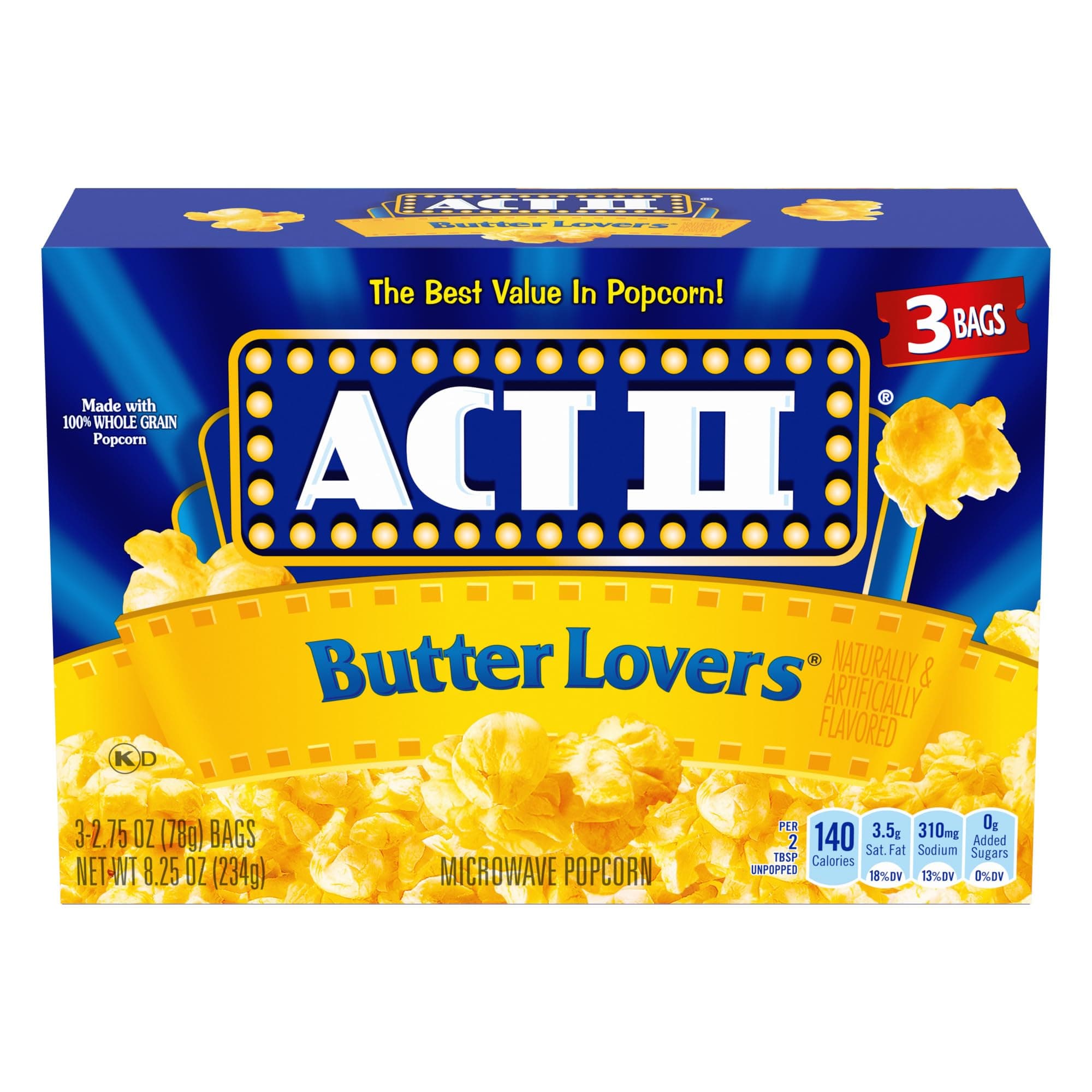 Act II Butter Lovers Microwave Popcorn, Movie Night Supplies, 2.75 oz., 3-Count Bags Butter 8.25 Ounce (Pack of 1)