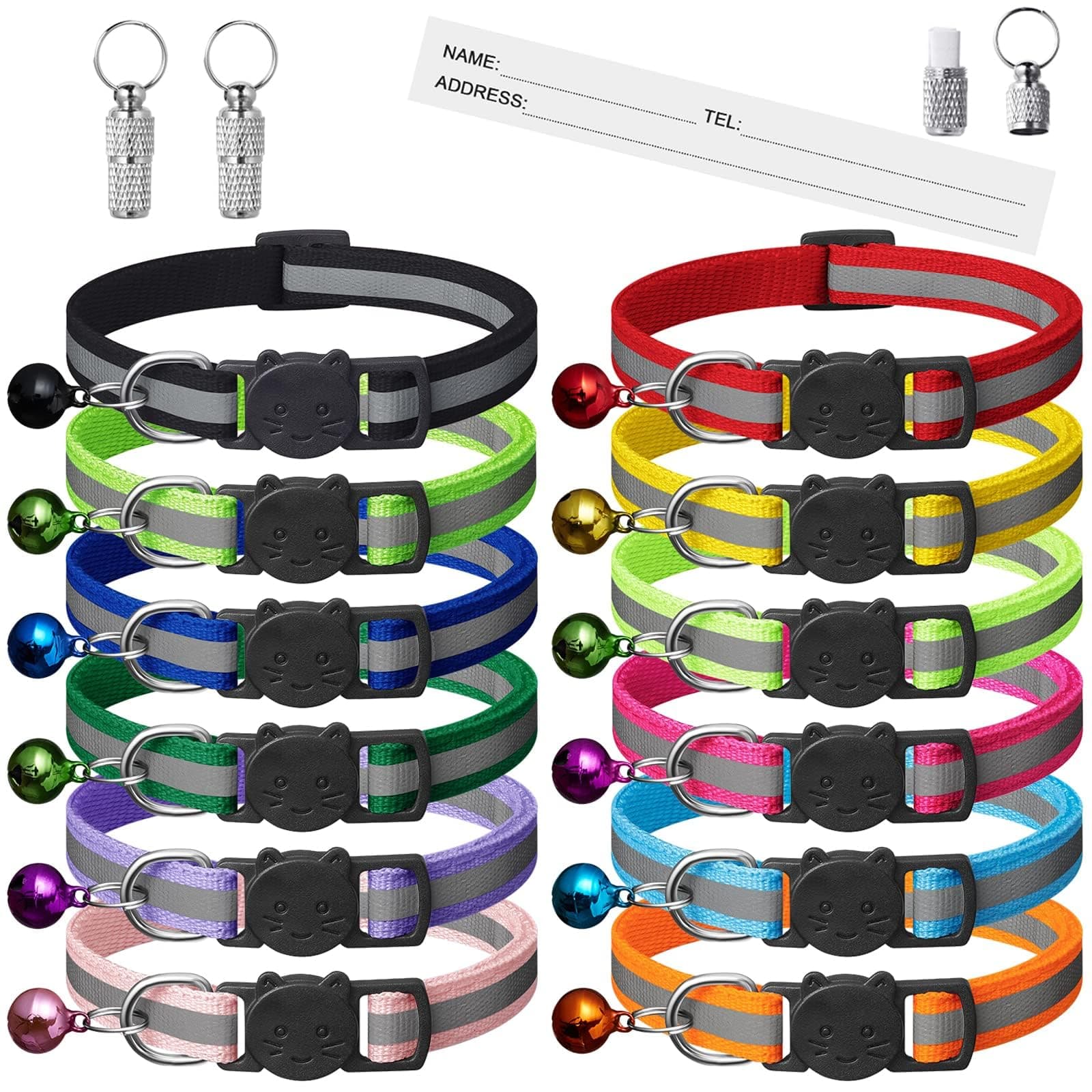 12 Pack Reflective-Breakaway Cat Collars with Bells,Safety Buckle Kitten Collar, with Name Tag, Adjustable,Ideal for Girl Cats Male Cats,Pet Supplies,Stuff,Accessories(12 Colors & 2 ID Tags) Adult Cat 7.5''-12.5'' (with 2 ID Tags)