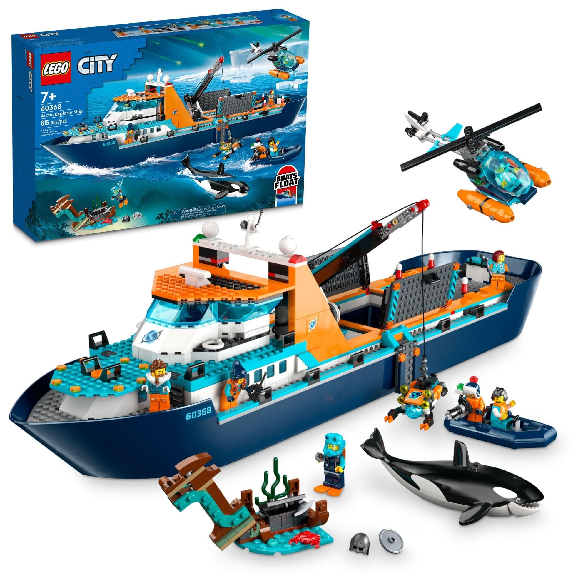 LEGO City Arctic Explorer Ship 60368 Ensemble de Jouets de Construction, Cadeau Amusant pour les Garçons et Filles de 7 Ans, avec un Bateau Flottant, Hélicoptère, Canot, Sous-marin ROV, Épave Viking, 7 Minifigurines et un Orca