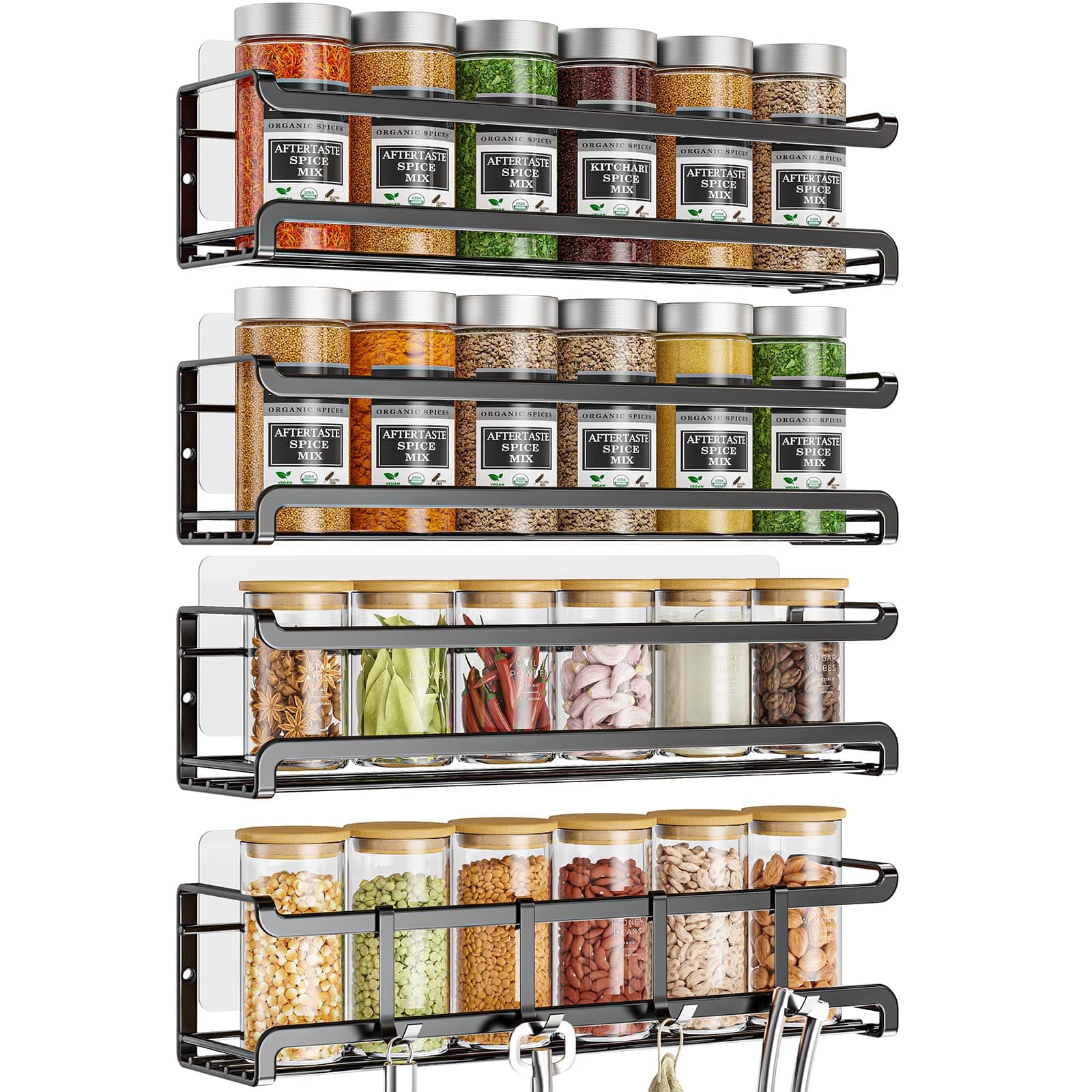 Spice Rack Wall Mounted 4 Pack,Space-Saving Spice Organizer for Spice Jars and Seasonings,Screw or Adhesive Hanging Spice Rack Organizer for Your Kitchen Cabinet,Pantry Door,11.41x2.75x2.75in 4Pack Black