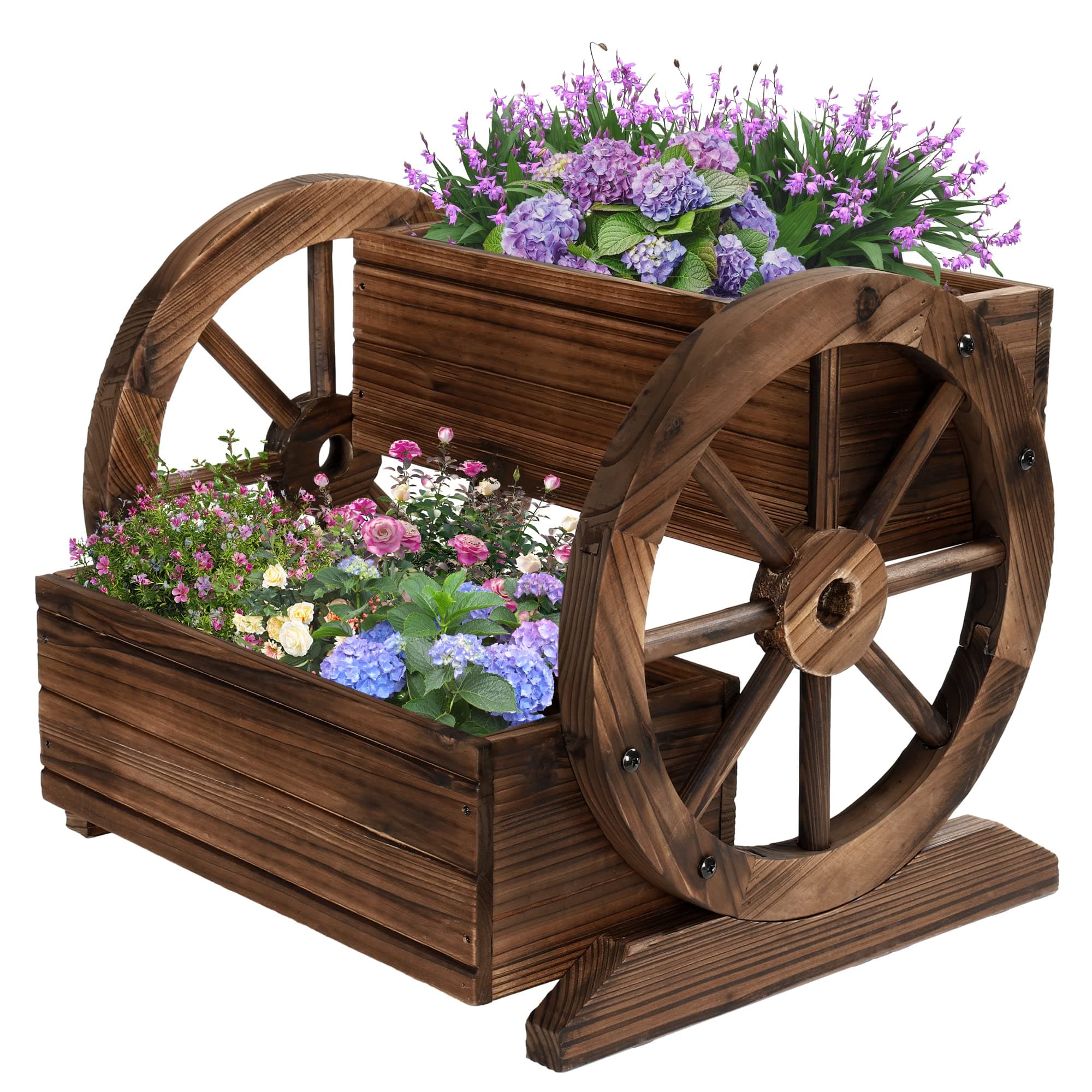 Wooden Wagon Planter Box, Garden Planter with Wheels,Decorative Planter for Flowers Herbs Vegetables for Indoor & Outdoor Décor, Flower Cart for Patio Garden Balcony 2-tier Planter Box --1pc