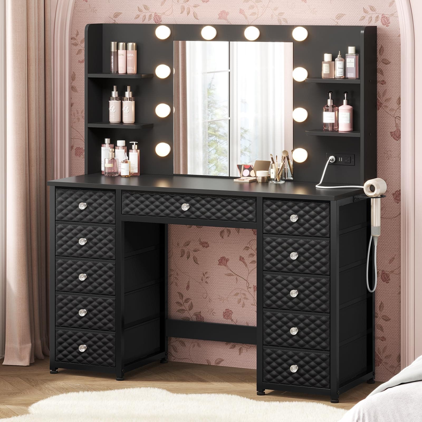 Vanity with Lights and Mirror, 11 Drawer Makeup Vanity with Power Strip, 6 Open Shelves, 43.3” Vanity Desk with Storage, Dressing Table with 3 Color Modes for Bedroom, Women, Girls, Black
