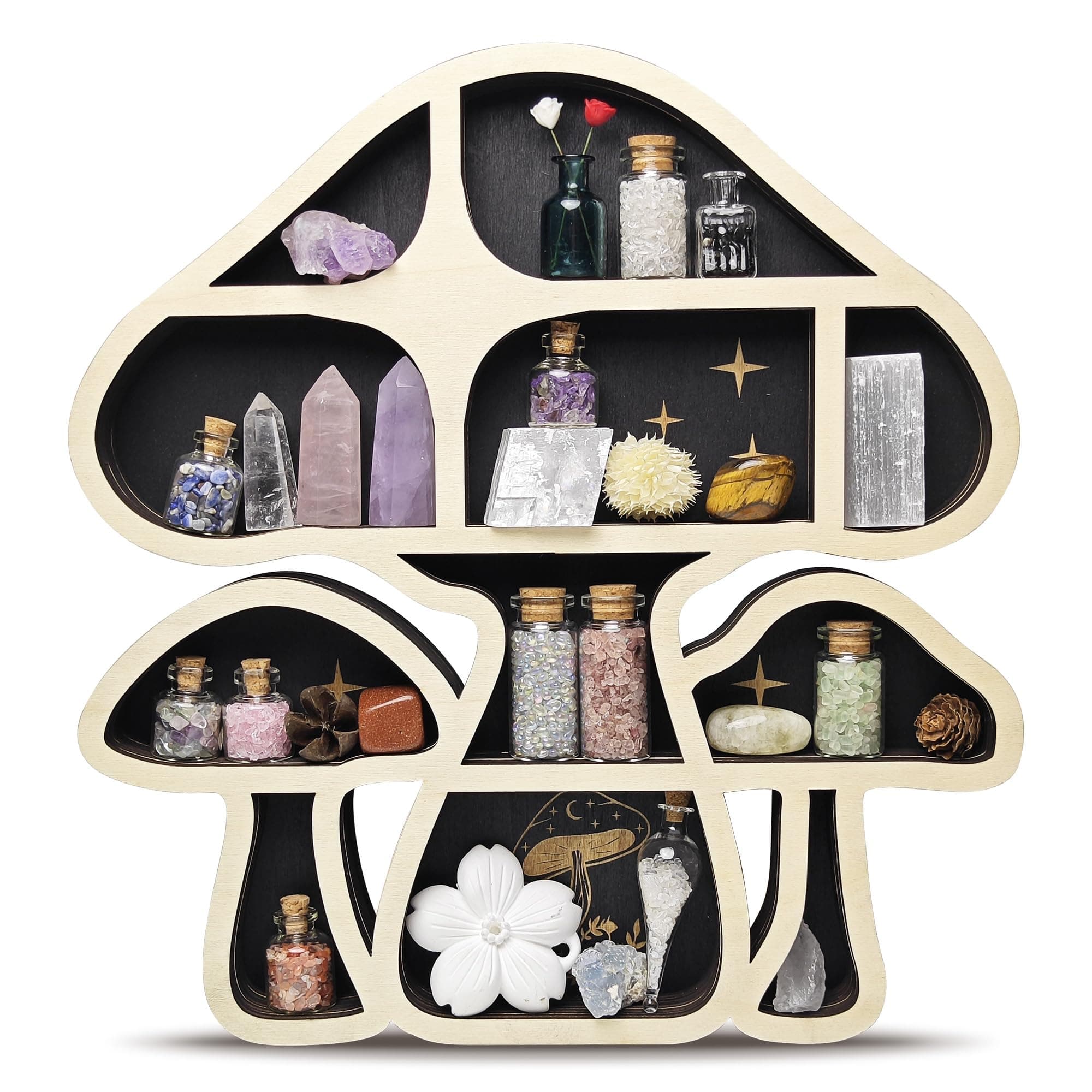 Wooden Mushroom Floating Shelves, Crystal Display Shelf for Wall, Cute Mushroom Wall Decor, Rock Gem Stone Storage Organizer, Essential Oil Holder Hanging Case, Meditation Art Spiritual Gift 3 Mushrooms