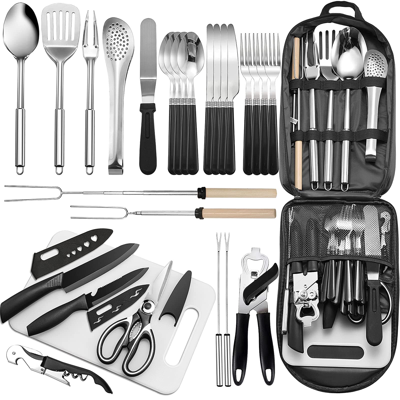Portable Camping Kitchen Utensil Set-27 Piece Cookware Kit, Stainless Steel Outdoor Cooking and Grilling Utensil Organizer Travel Set Perfect for Travel, Picnics, RVs, Camping, BBQs, Parties and More black