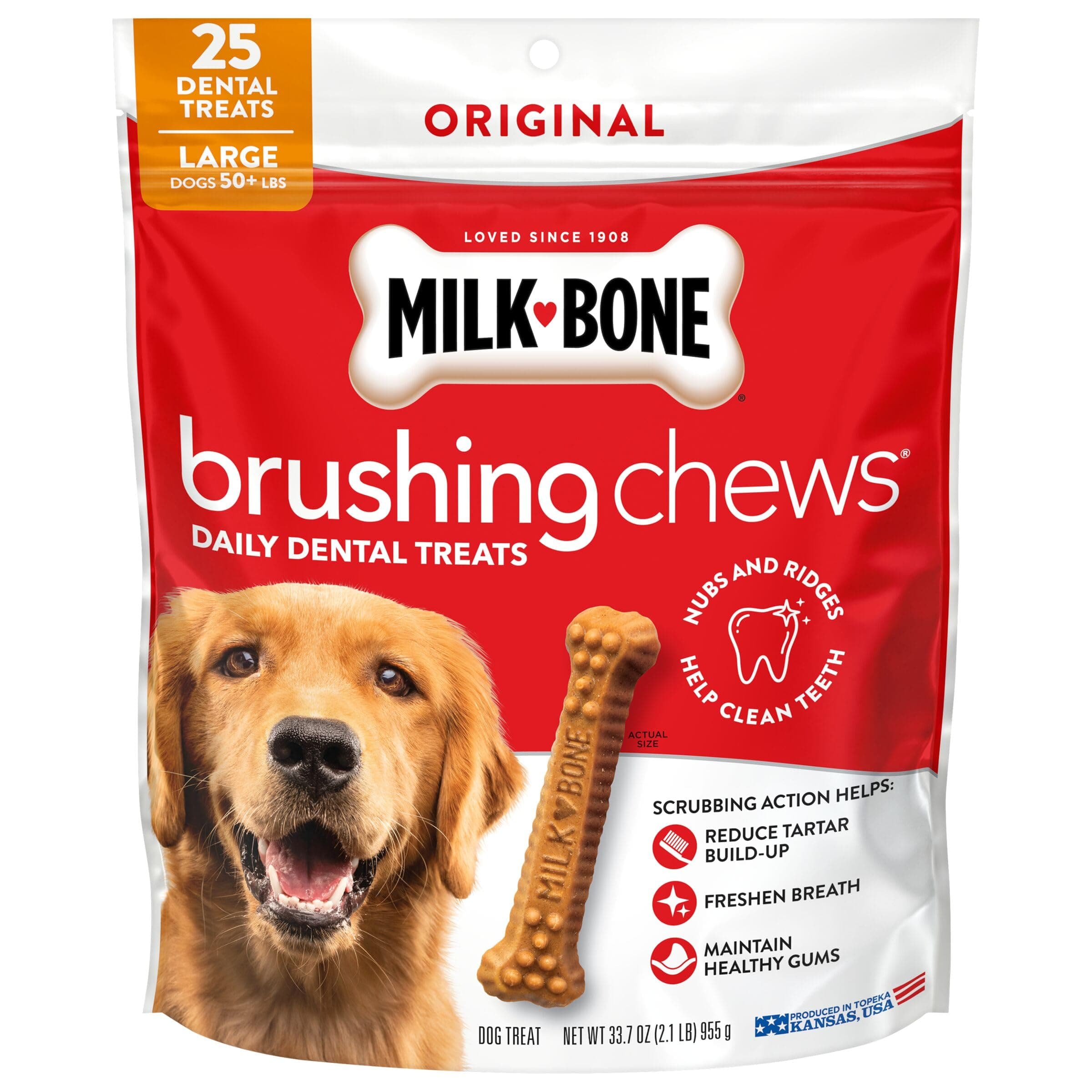Milk-Bone Brushing Chews Sabor Original a Pollo Golosinas Dentales Diarias para Perros, Grande, 33.7 Oz. Bolsa 25 Contenido (Paquete de 1)