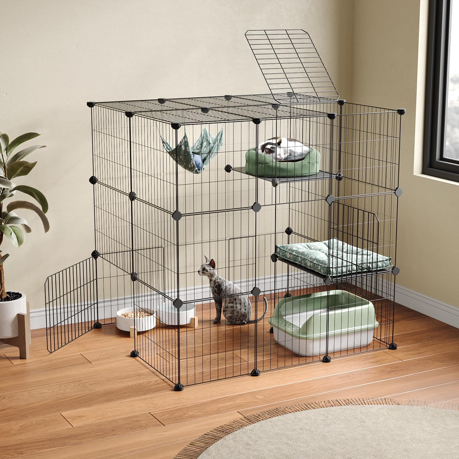Oneluck 3-Tier Cat Cages Indoor Enclosure DIY Cat Playpen Catio Detachable Metal Wire Kennels Cats Crate Large Extra Exercise Place Ideal for 1 Cat,35.4 Inches