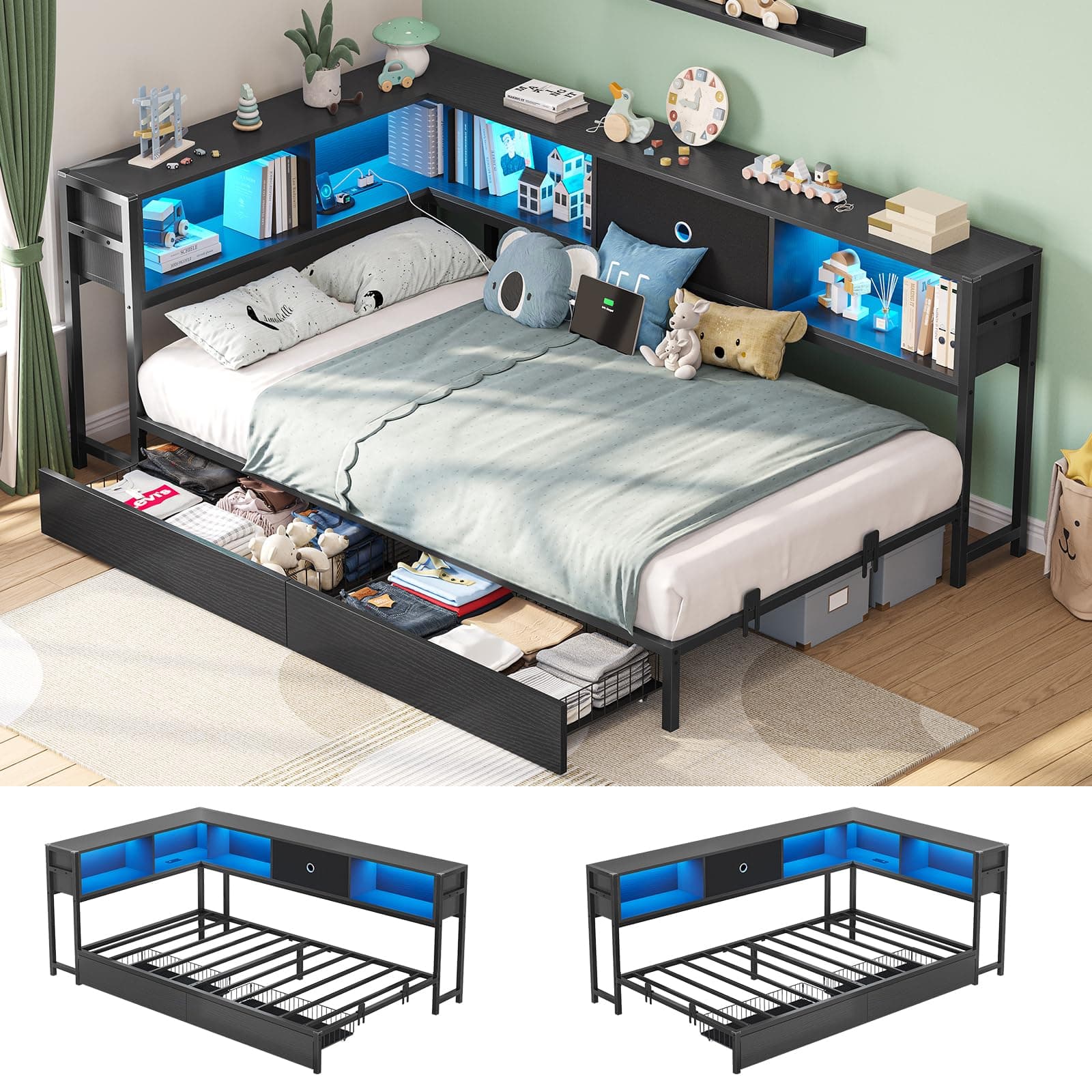 Hasuit Twin Corner Bed Frame with Storage Drawers and Bookcase Headboard, Twin Size Metal Platform Corner Bed Frame with Charging Station and LED Lights, Twin Daybed for Kids Teens Guests, Black Twin Black