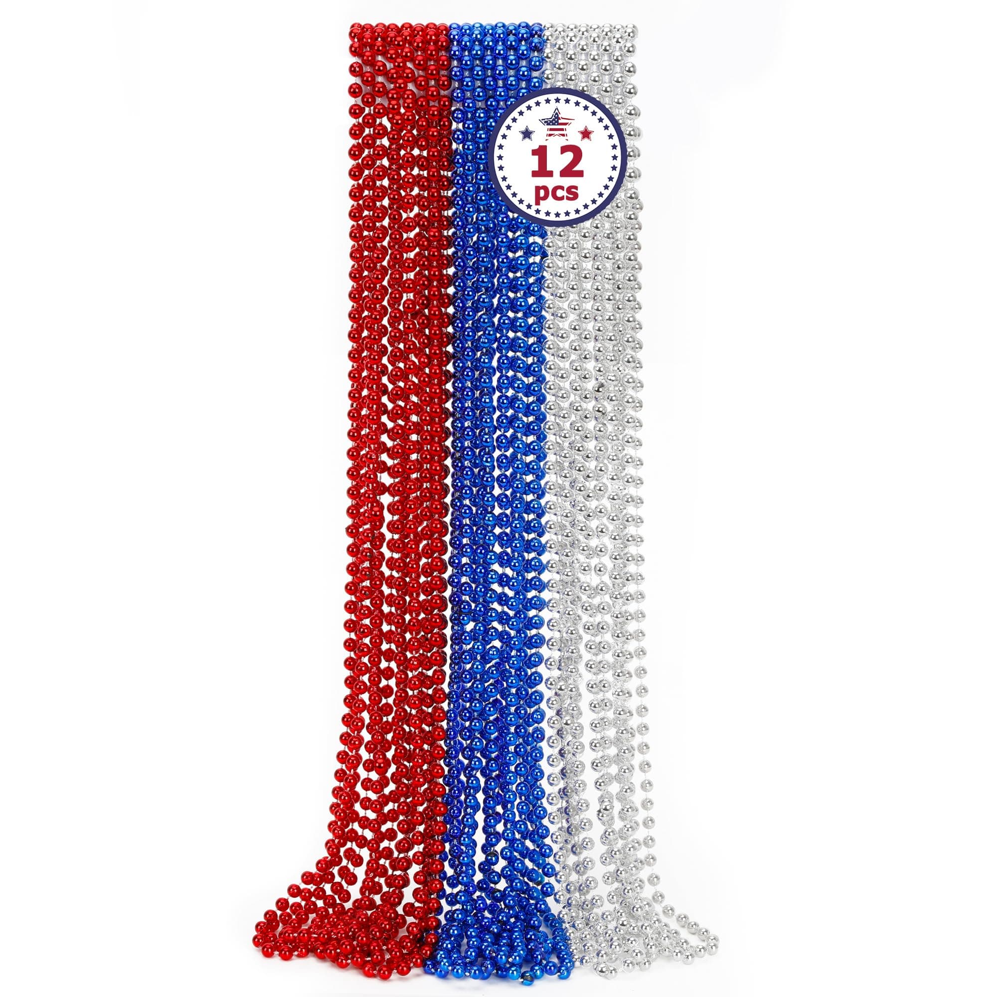 4th of July Party Favors, 12PCS Veterans Day Necklaces Bulk, Fourth of July Red Blue Silver Beads Necklace, Veterans Day Patriotic Beads Bulk for Parade Party Celebration Favors Decorations Red White and Blue