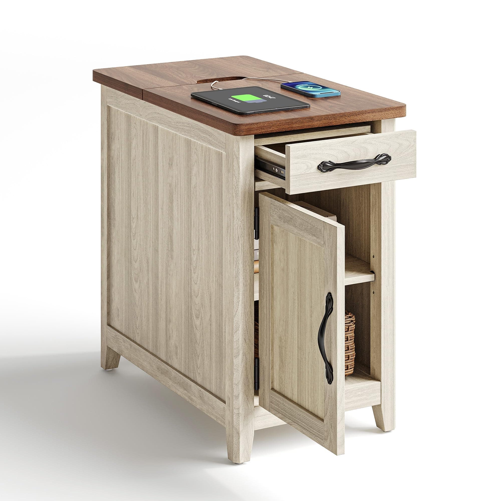 LINSY HOME Farmhouse End Table with Charging Station, Narrow Side Table for Living Room, Sofa Side Table with Drawer and Storage Cabinet, Small Nightstand for Home Office Wood Door Washed Grey and Brown 1