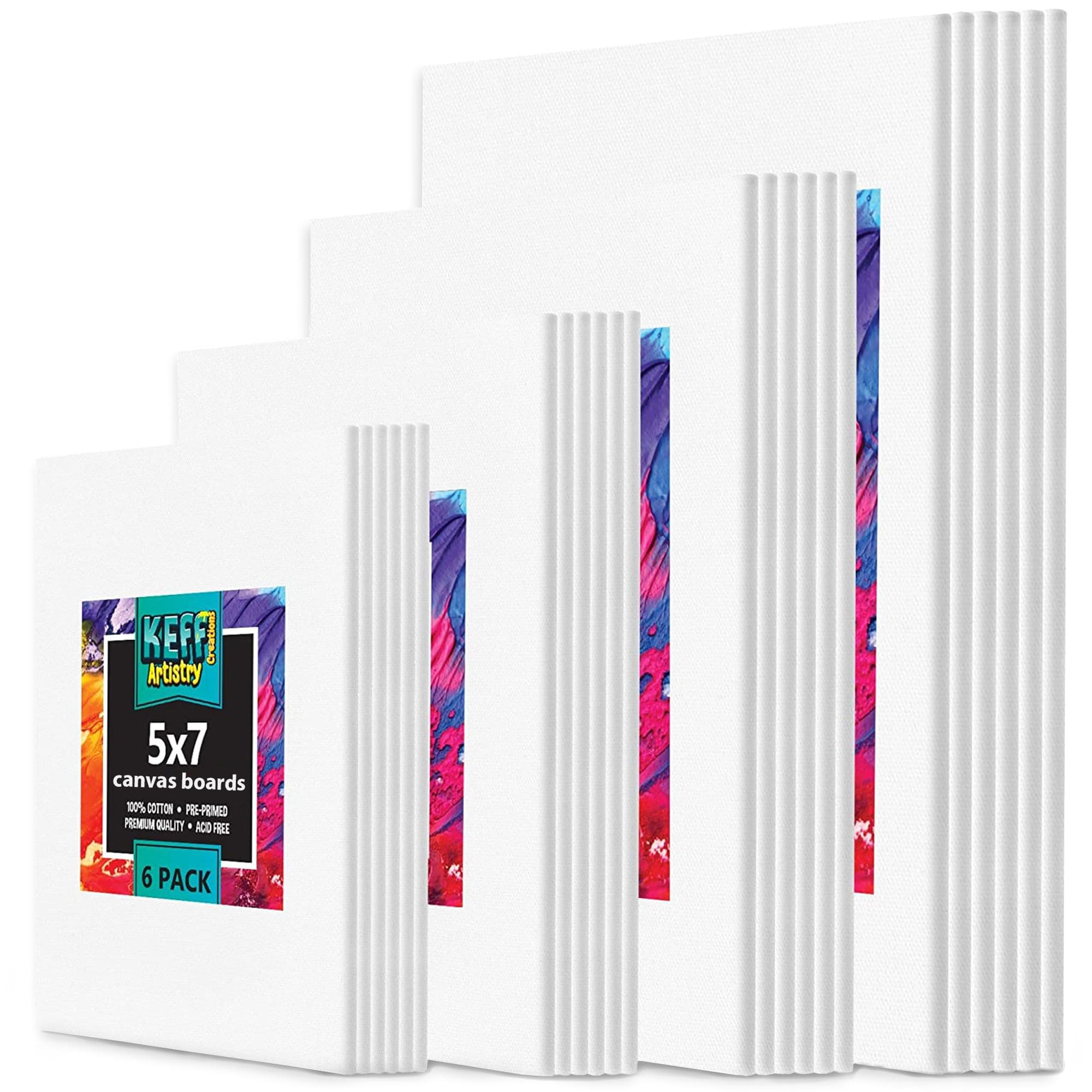 KEFF 24-Pack Canvas for Painting, 6 of 5x7, 8x10, 9x12,11x14 Painting Canvas Boards, Art Supplies for Adults & Kids - 100% Cotton Primed Canvases for Painting for Acrylic, Oil, Watercolor, Tempera 24 Pack - 6 of Each, 5x7, 8x10, 9x12, 11x14 24