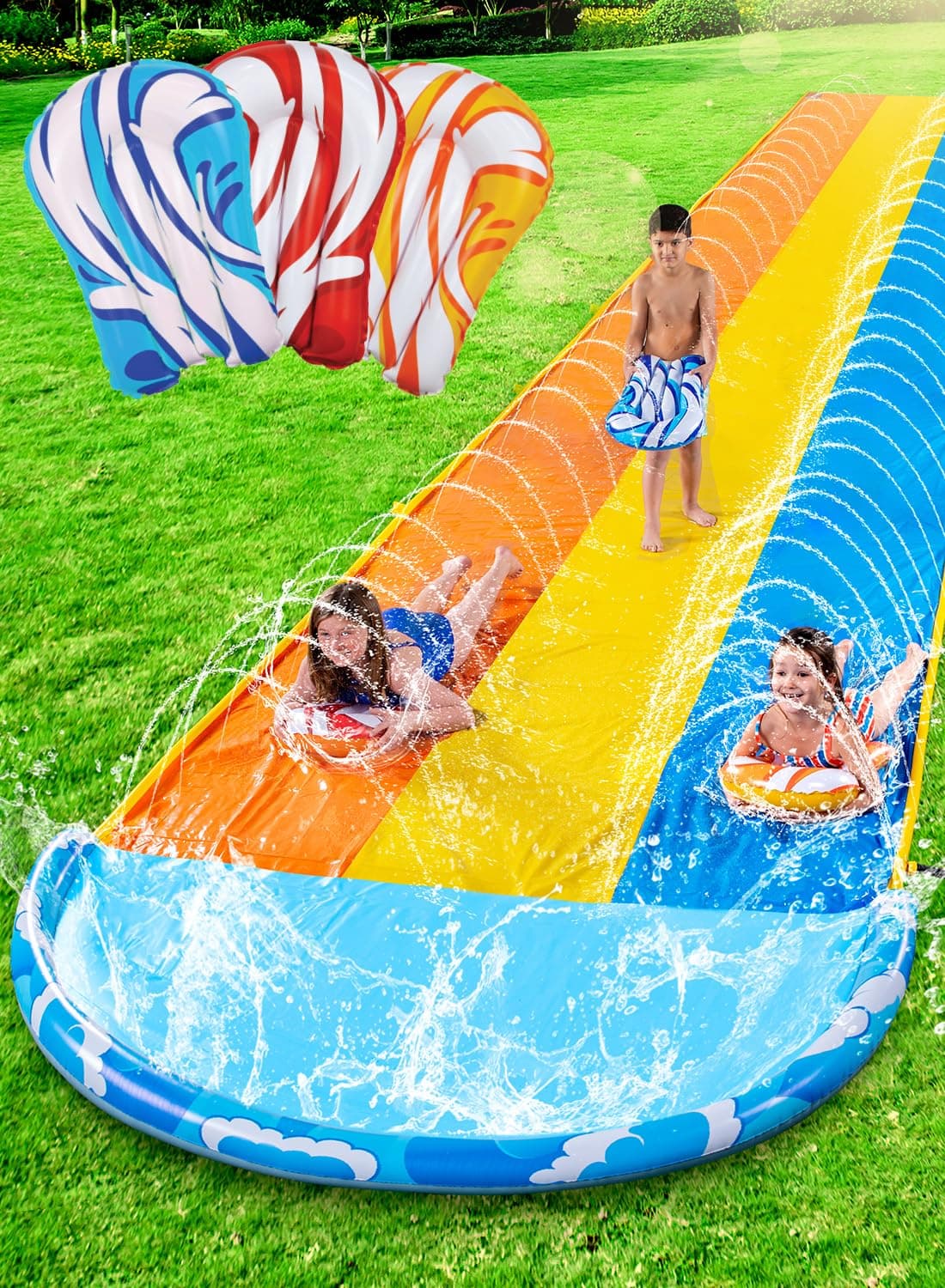Sloosh 22.5ft x 82in Waves Triple Lawn Water Slide,Heavy Duty Lawn Water with 3 Body Boards and Slip Sprinkler for Kids Adults Backyard Summer Outdoor