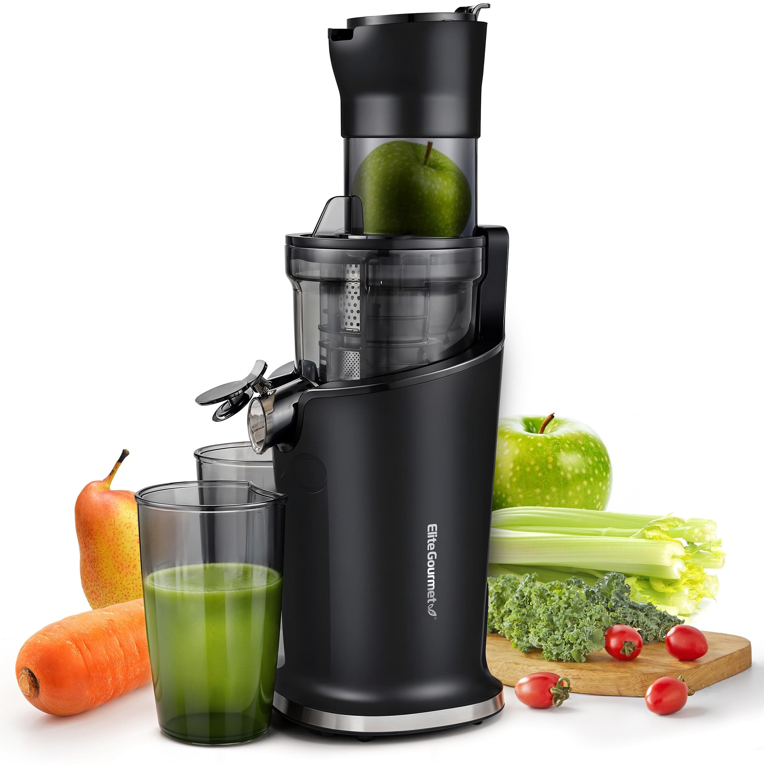 Elite Gourmet EJX017 Whole Fruit 3” Feeding Chute, Dynamic Masticating Slow Juicer, High Yield Cold Press Juice Extractor, Nutrient and Vitamin Dense, Easy to Clean, 27 oz Juice Cup, Black Black 27 ounce