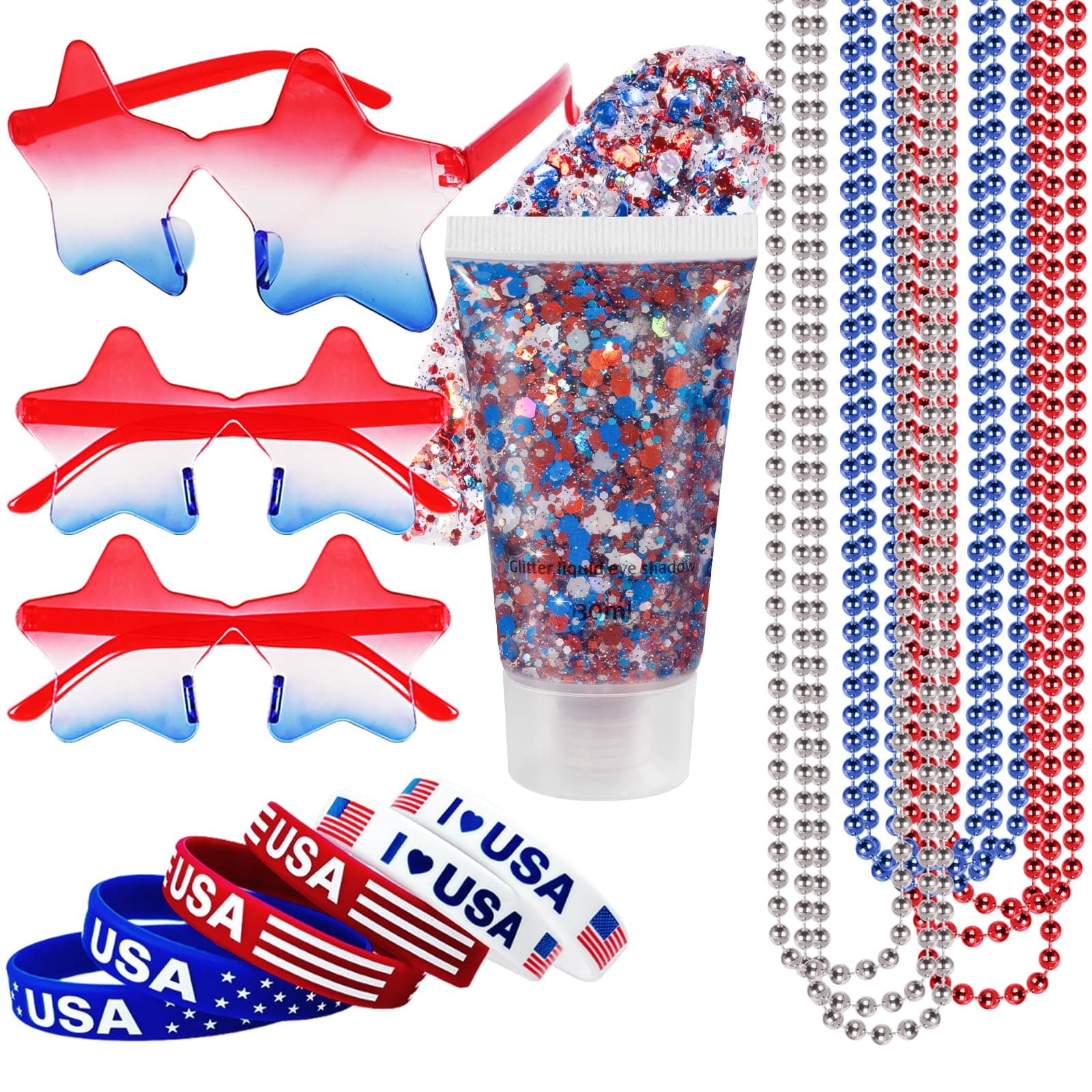 Mysense 4th of July Outfits for Women,4th of July Accessories Set with Red White and Blue Body Glitter,3 USA Flag Sunglasses,9 Beaded Necklaces,6 Bracelets,Fourth of July Outfit Women Kids