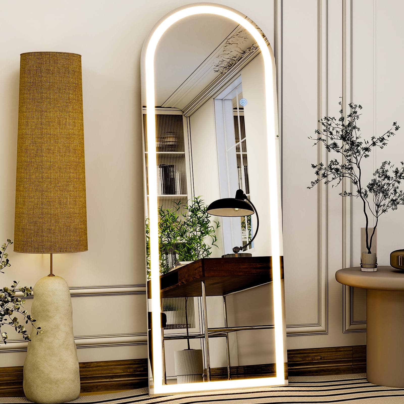 GLSLAND 20"x56" Arched LED Full Length Mirror with Lights – Wall Mounted or Standing Full Body Mirror for Bedroom/Cloakroom – Dimmable with 3 Color Lighting Modes Arched 56"L x 20"W